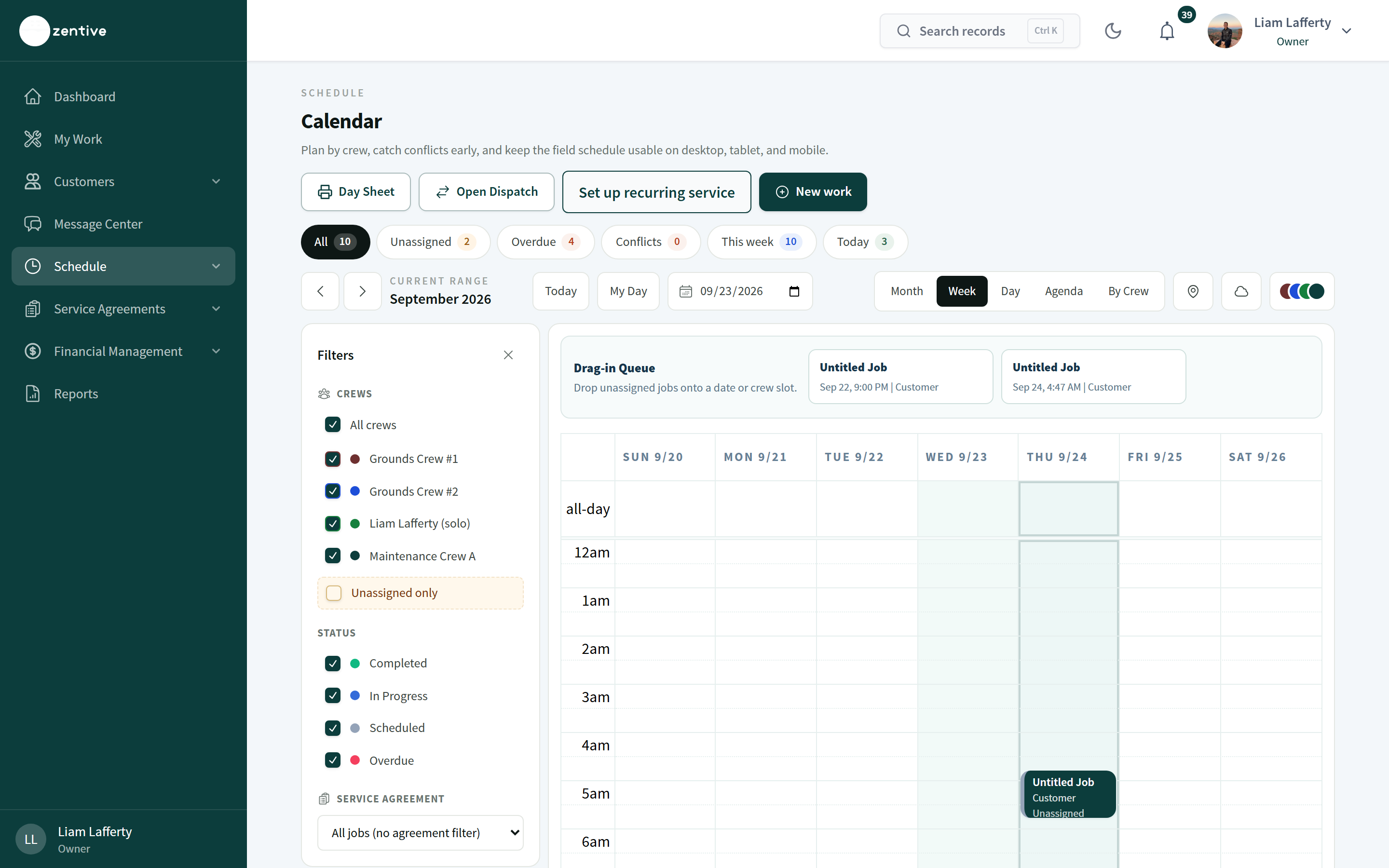Calendar week view with Day Sheet, Open Dispatch, Set up recurring service, and New work buttons, status chips, view toggles, crew and status filters, and the Drag-in Queue.