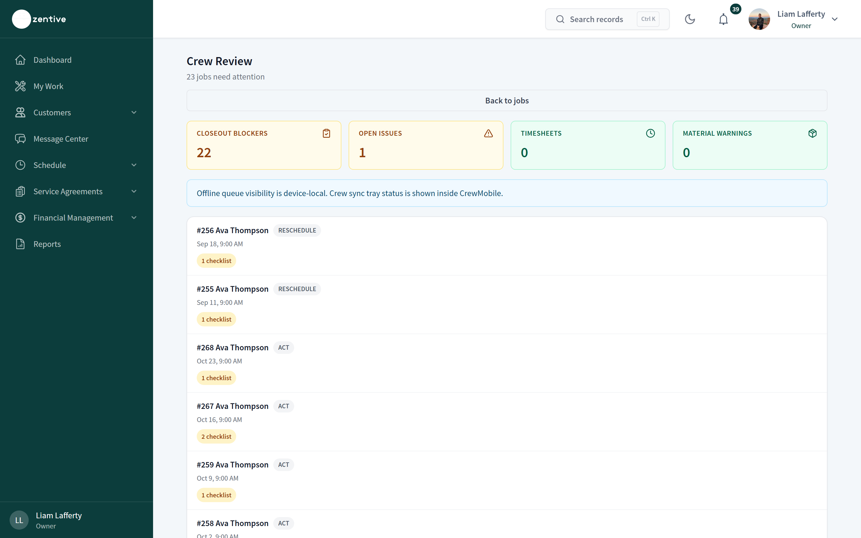 Crew Review page with Closeout blockers, Open issues, Timesheets, and Material warnings counters and a list of jobs needing attention.