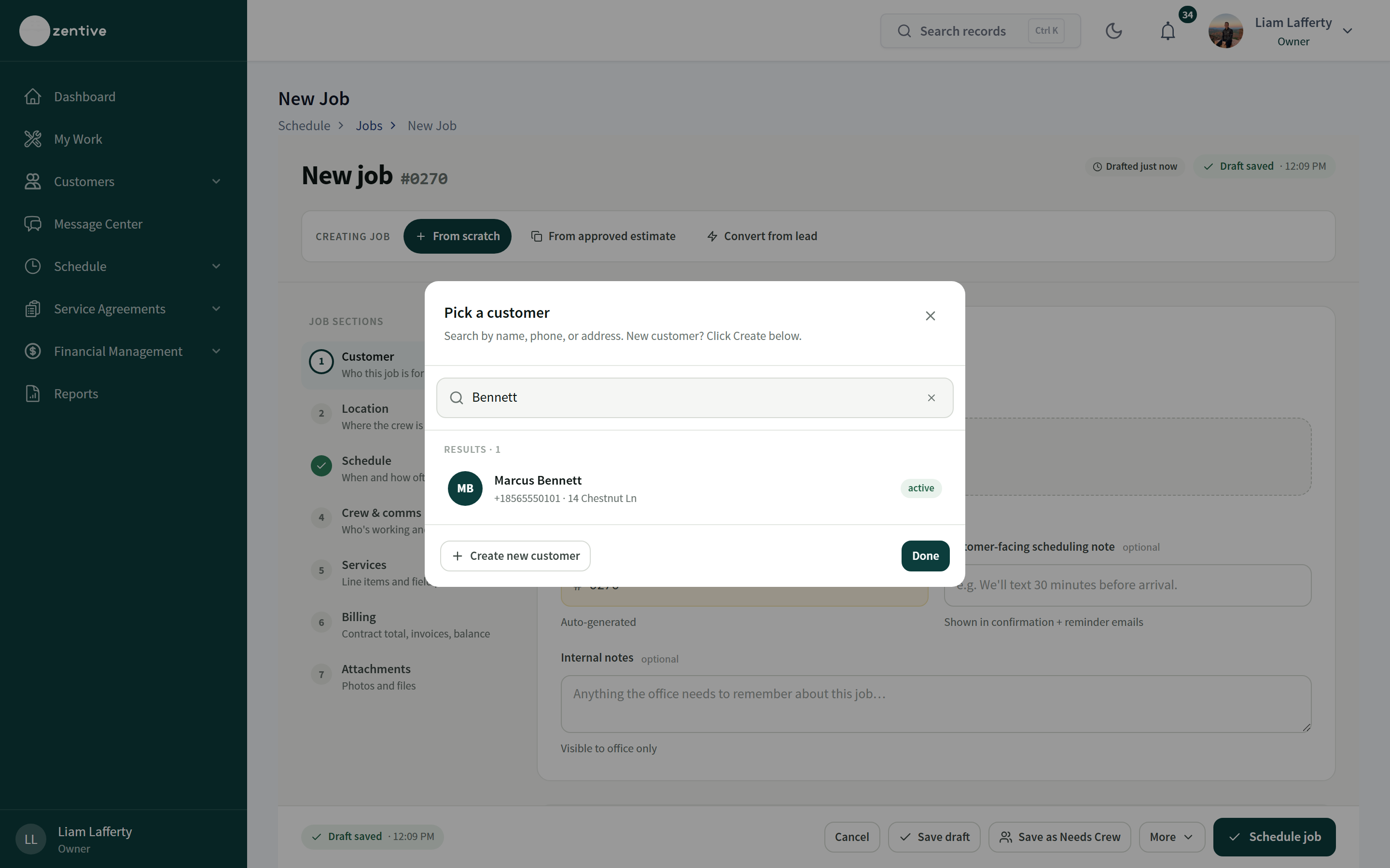 Job wizard customer picker searching for Bennett with a matching customer row.