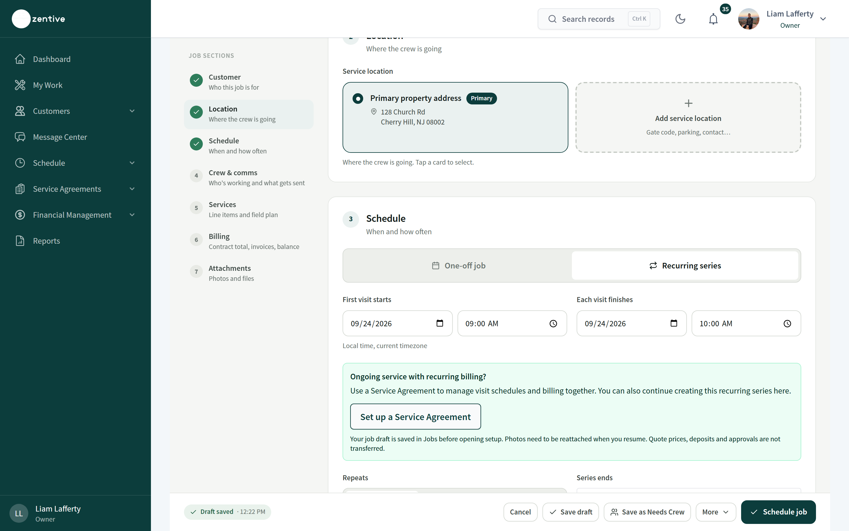 Job wizard Schedule section switched to Recurring series with first visit start and finish times, a Set up a Service Agreement suggestion, and Repeats and Series ends controls.