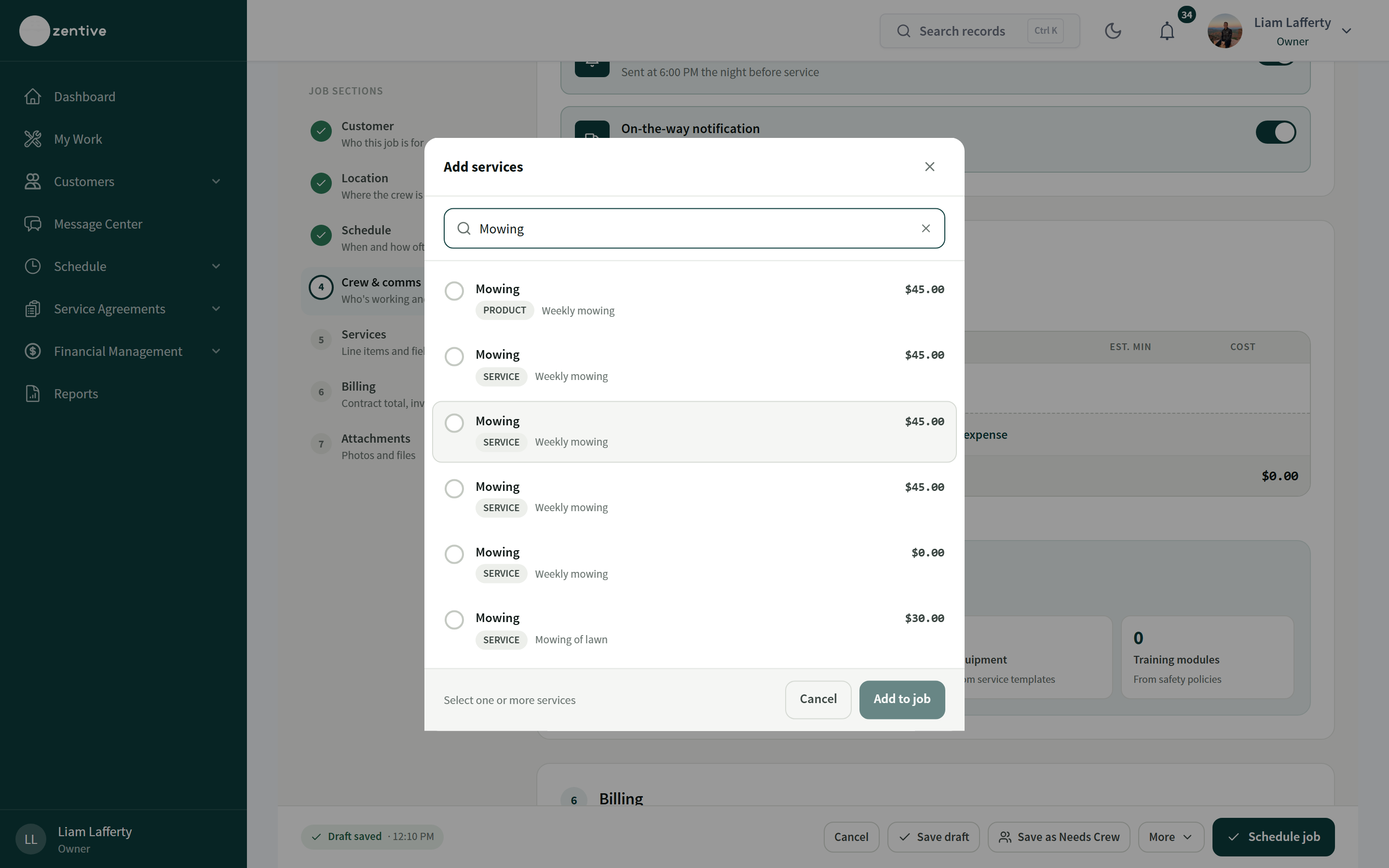 Add services panel in the job wizard with a search box, matching service rows showing price and type, and an Add to job button.