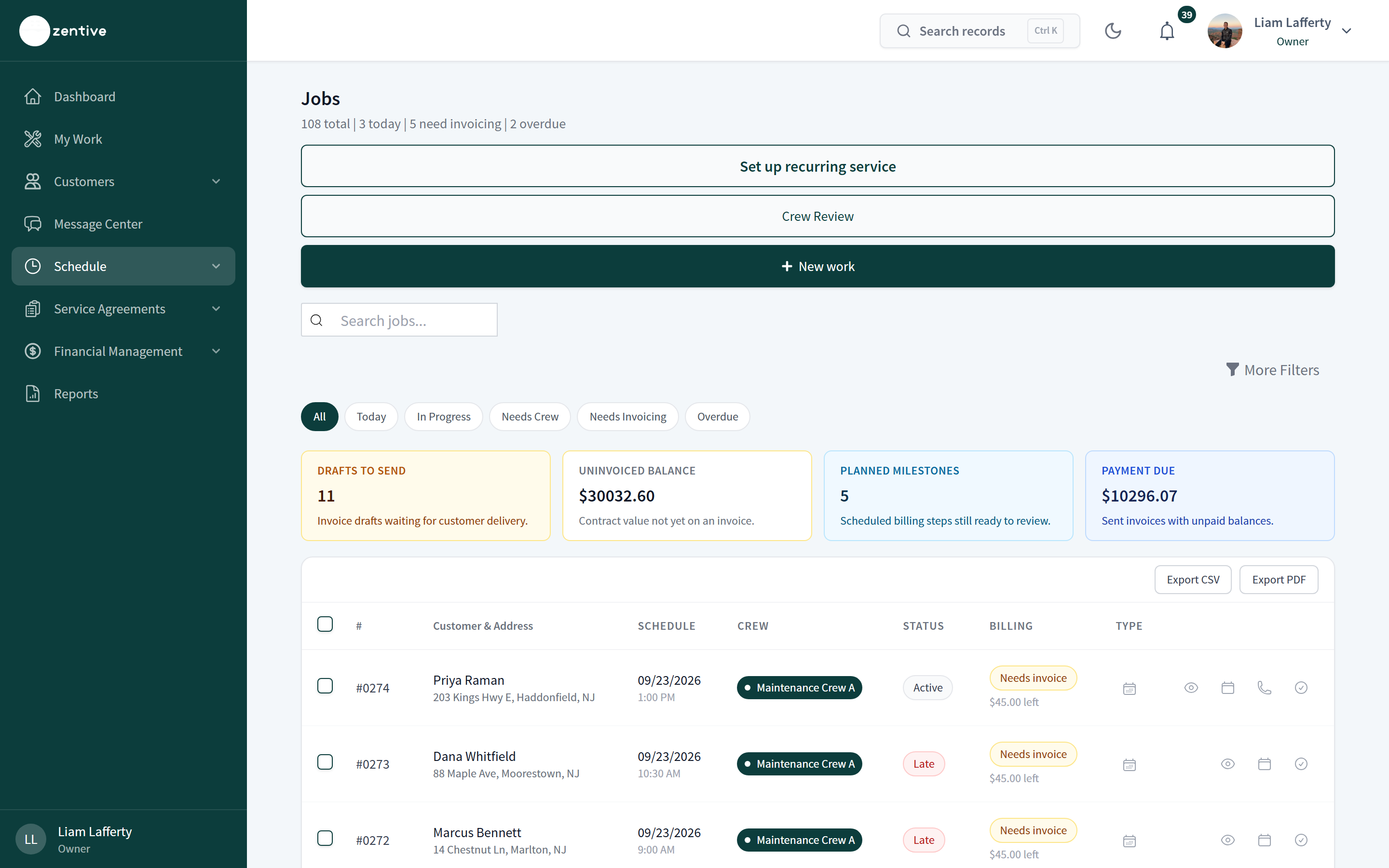 Jobs list with status filters, money tiles, and rows showing customer, schedule, crew, status, billing state, and row actions.
