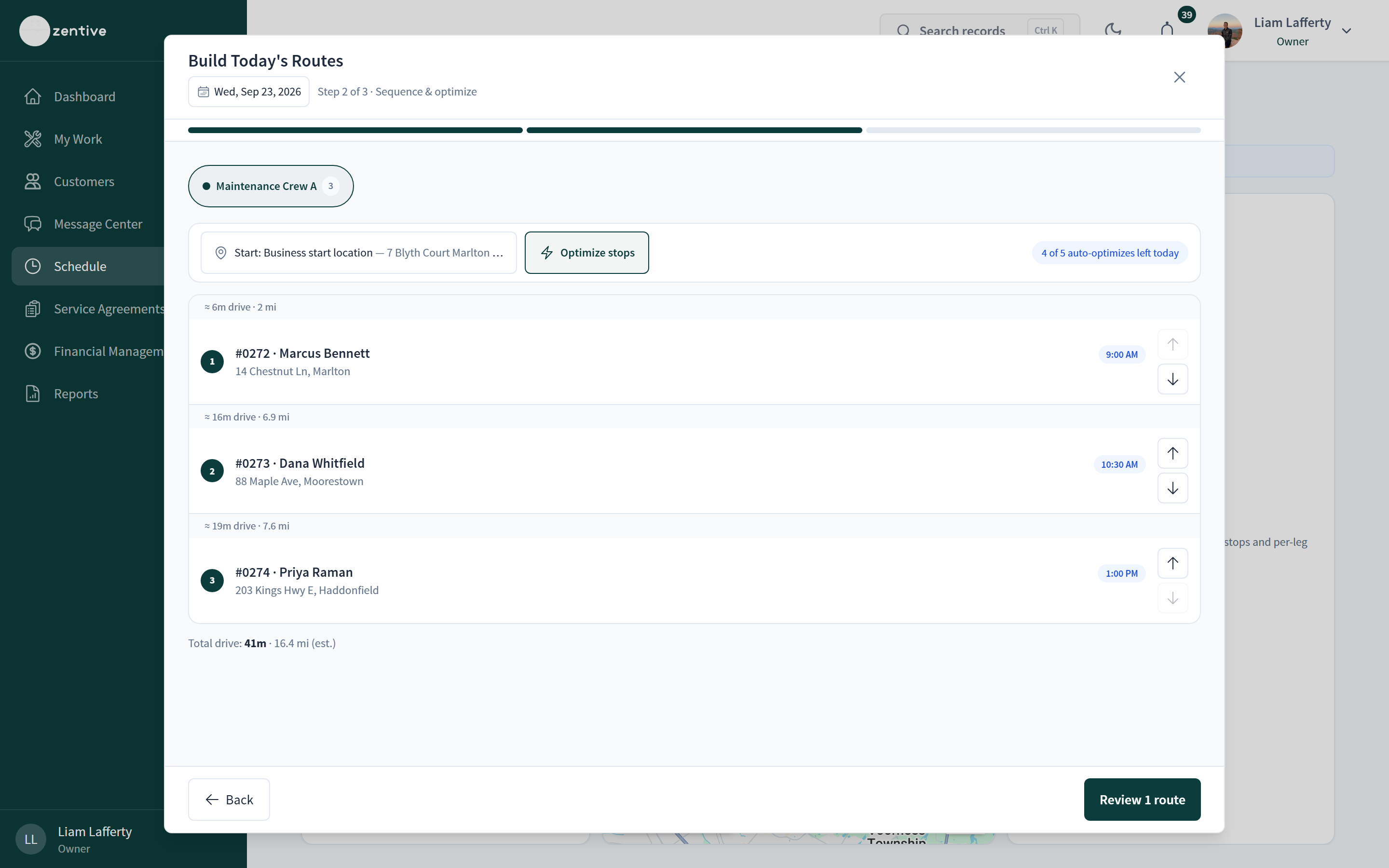 Step 2 showing Maintenance Crew A's three stops after Optimize stops, with drive time and distance per leg and a Review 1 route button.