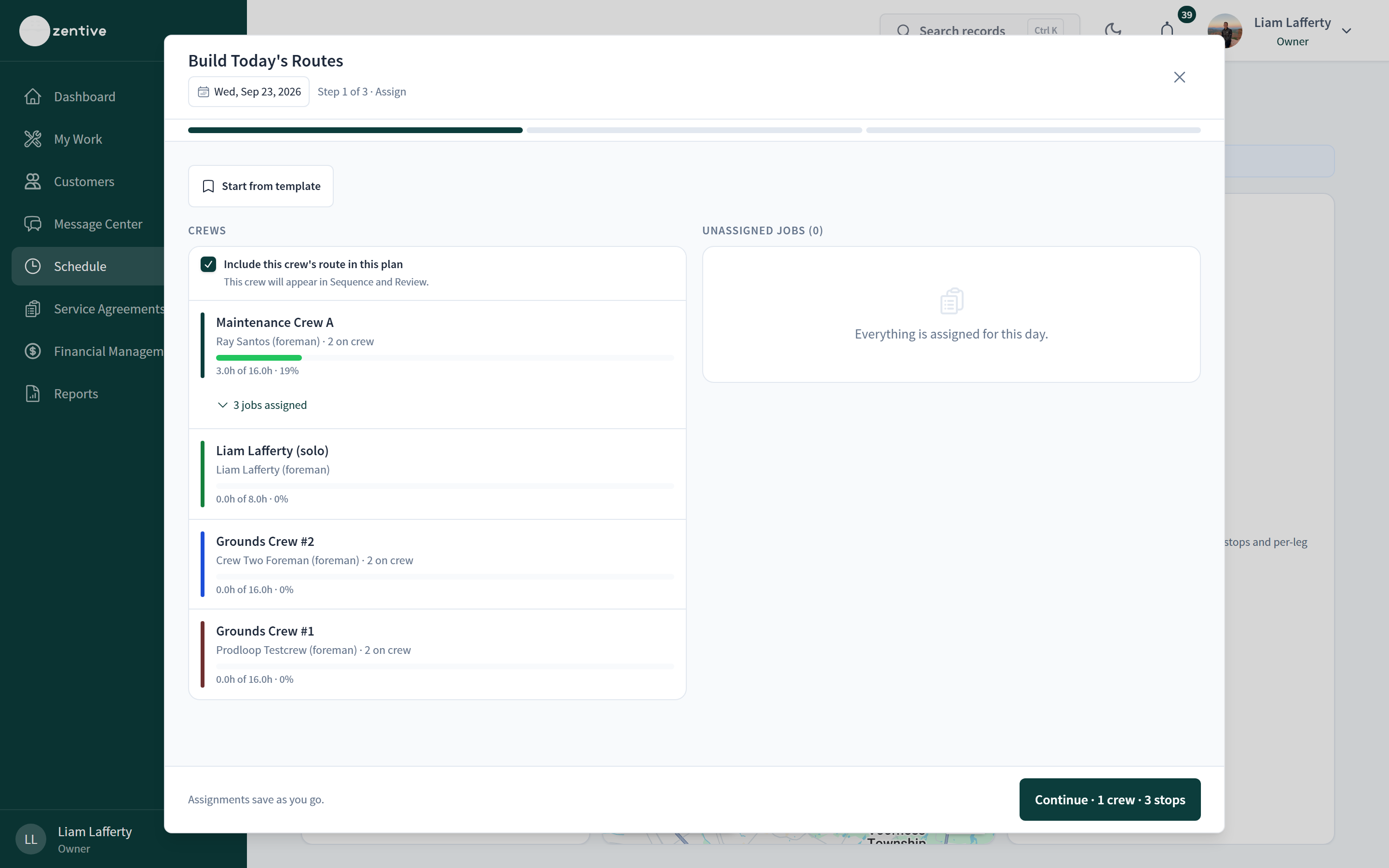 Build Today's Routes step 1 with crews, capacity bars, and an empty Unassigned jobs panel, and a Continue · 1 crew · 3 stops button.