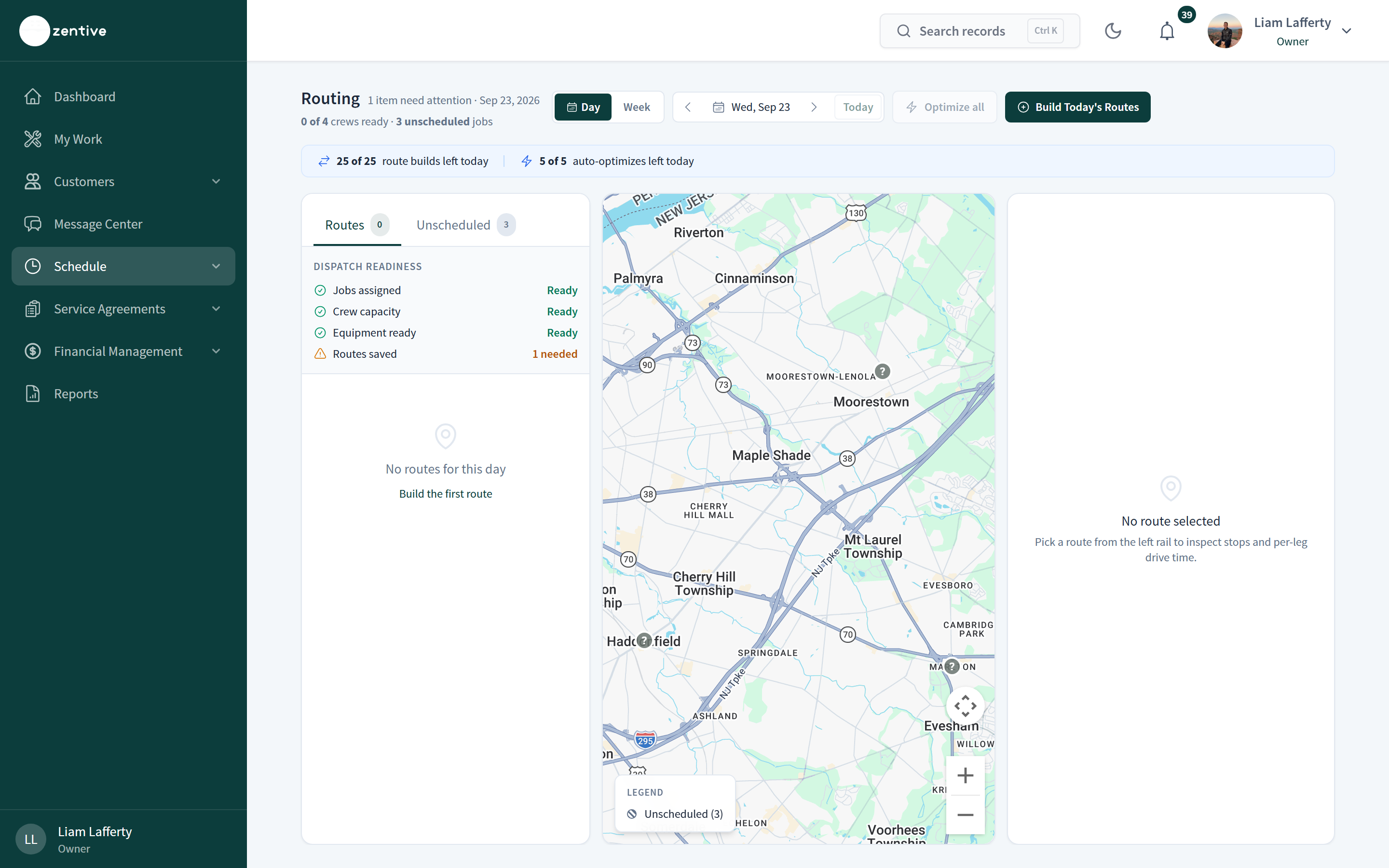 Routing page for Sep 23 with Day/Week toggle, date picker, Optimize all, Build Today's Routes, quota counters, dispatch readiness, an empty routes list, and the map.