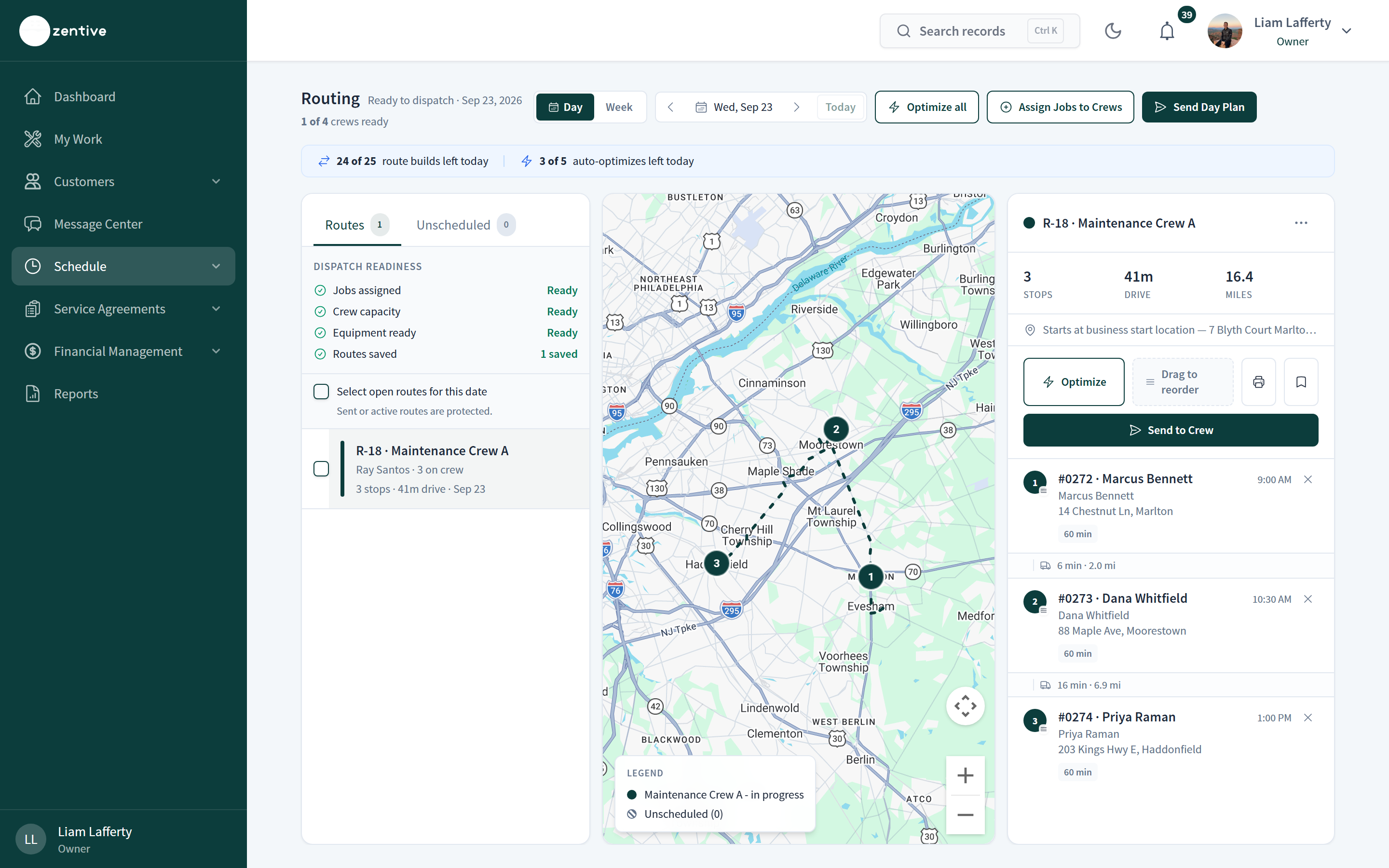 Saved route R-18 for Maintenance Crew A: map with numbered stops, 3 stops, 41 minutes drive, 16.4 miles, Optimize, Drag to reorder, and Send to Crew.
