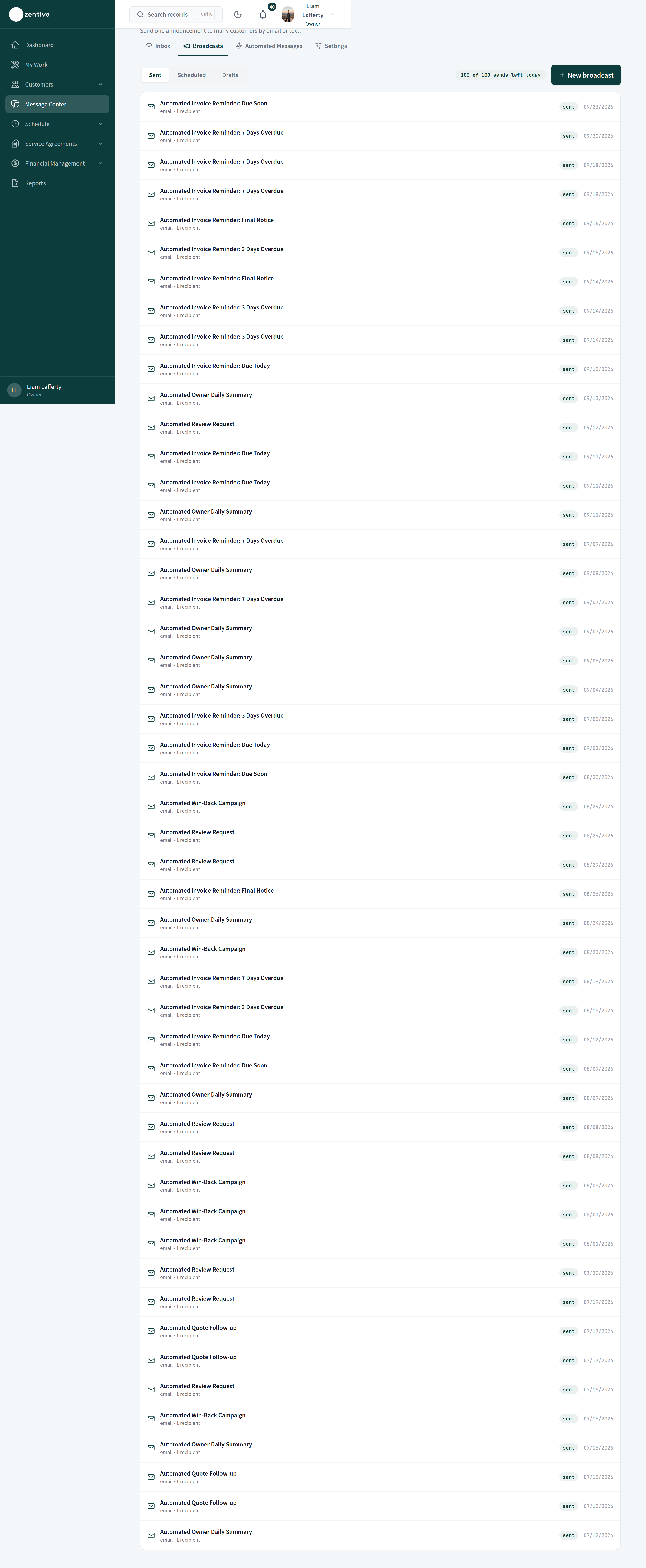 Broadcasts tab with Sent, Scheduled, and Drafts, the daily send counter, New broadcast, and a list of sent messages.