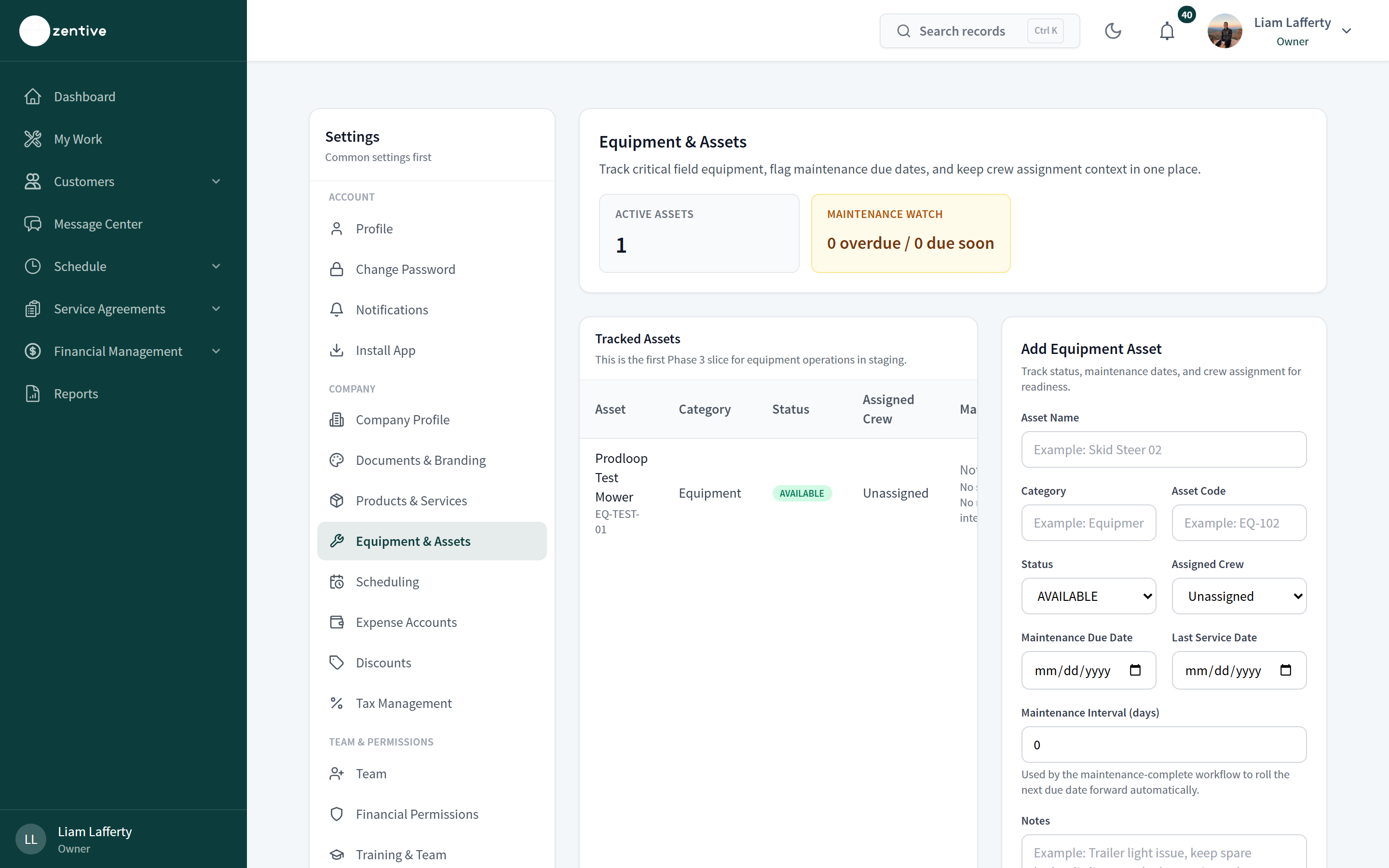 Settings → Equipment & Assets with Active assets and Maintenance watch tiles, a Tracked Assets table, and the Add Equipment Asset form.