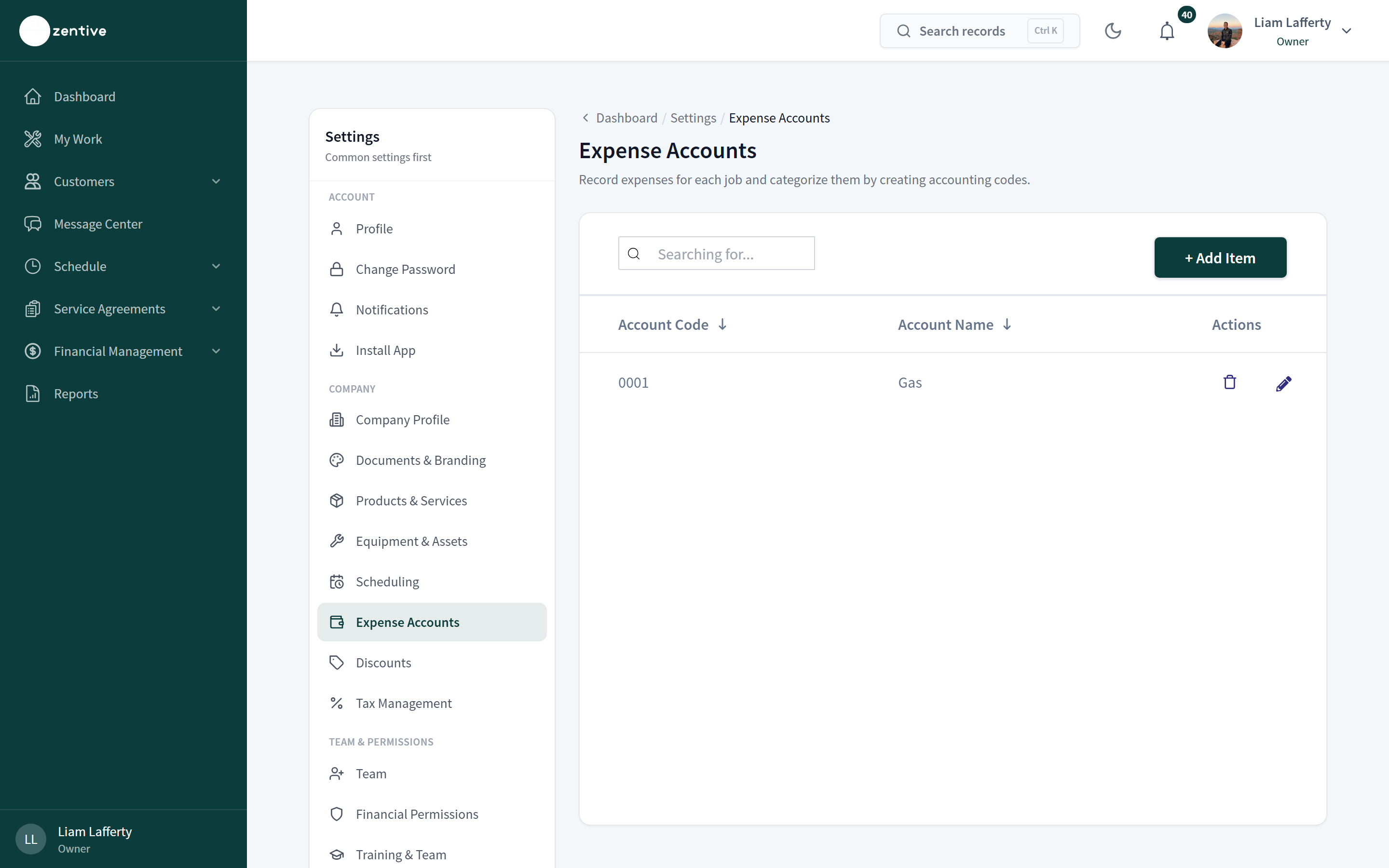 Settings → Expense Accounts listing accounts with an Add button.
