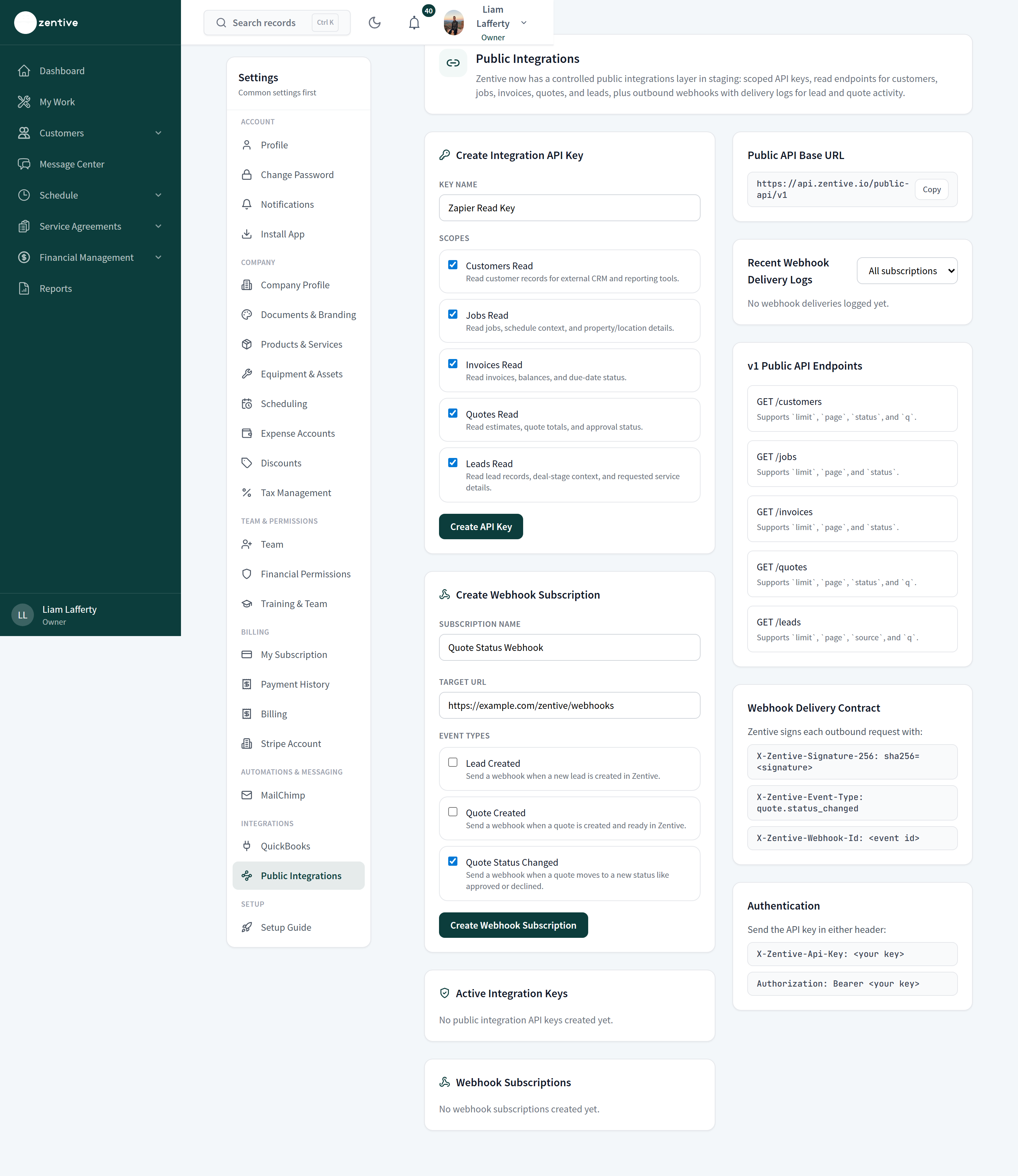 Settings → Public Integrations with Create Integration API Key, scopes, Create Webhook Subscription, the base URL, endpoints, delivery contract, and authentication headers.