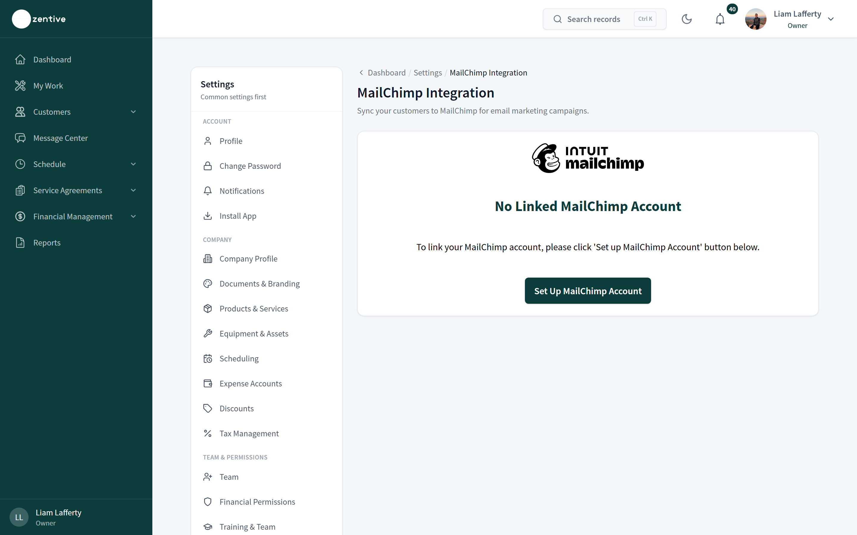 Settings → MailChimp integration page.