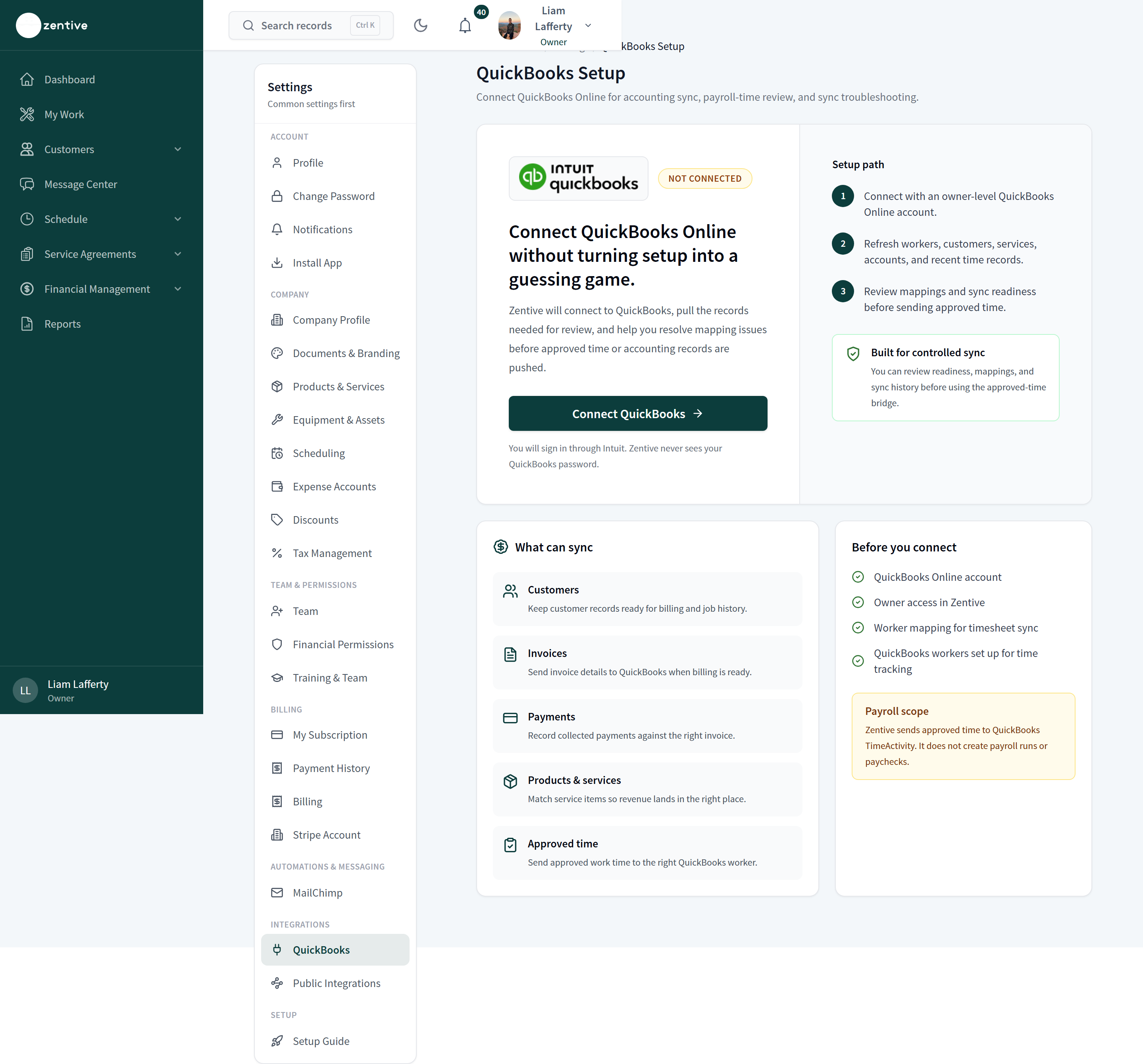 Settings → QuickBooks with Connect QuickBooks, the setup path, What can sync, and Before you connect checklist.