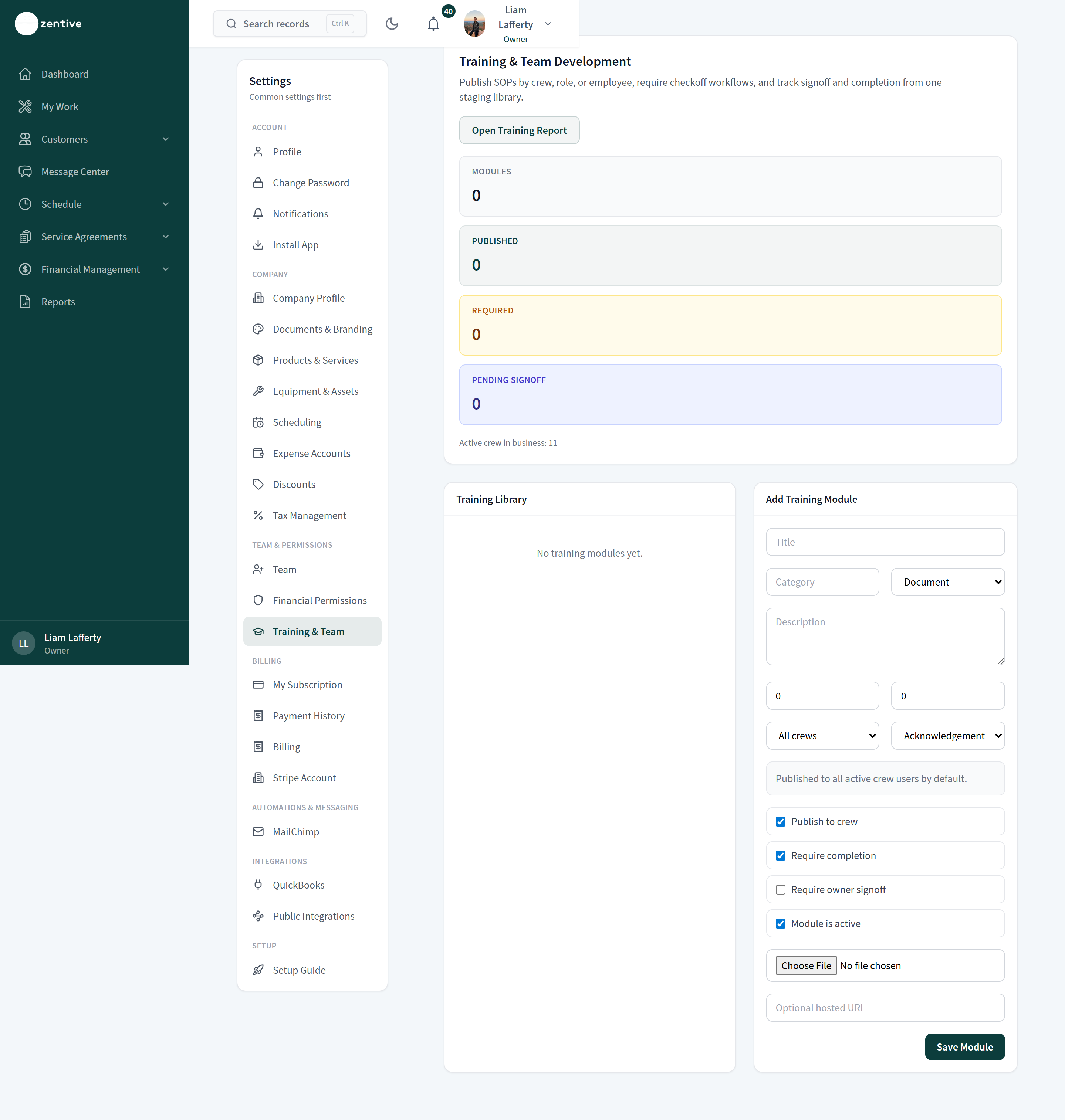Settings → Training & Team with module counts, the Training Library, and the Add Training Module form.