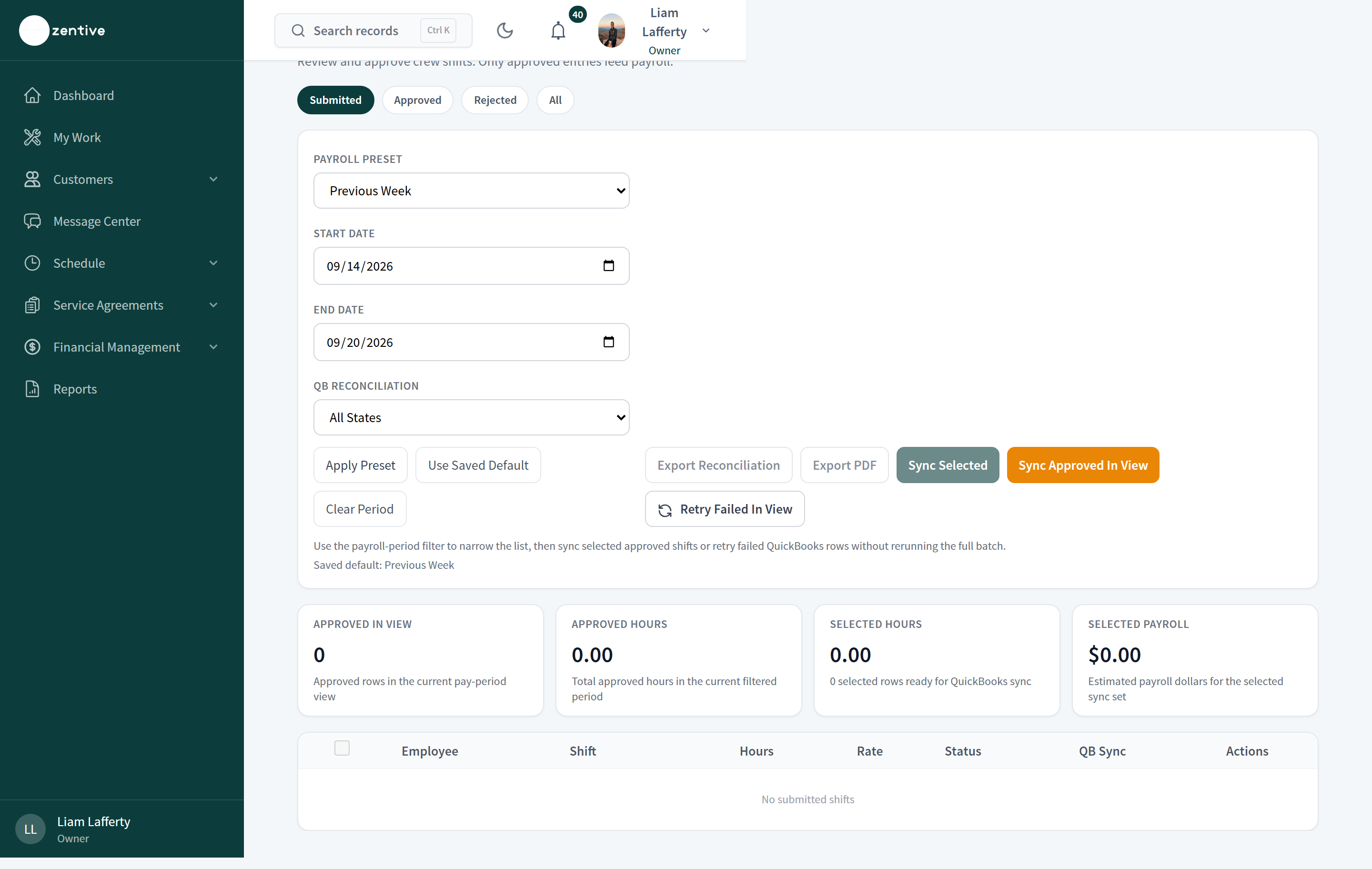Timesheets page with Submitted/Approved/Rejected filters, payroll preset and dates, QB reconciliation filter, export and sync buttons, and summary tiles.