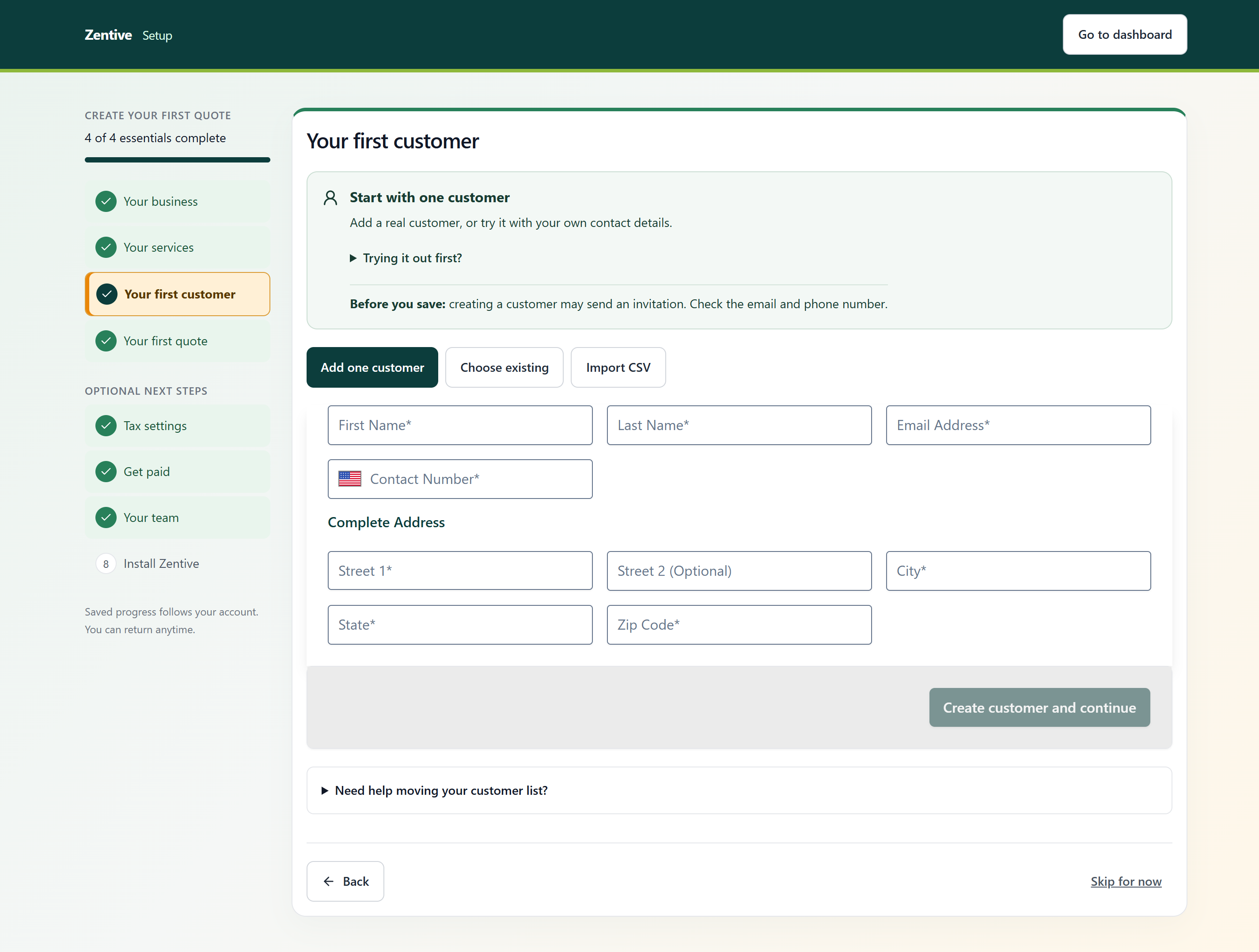 Setup guide Your first customer step with Add one customer, Choose existing, and Import CSV options, a note that creating a customer may send an invitation, and the customer form.