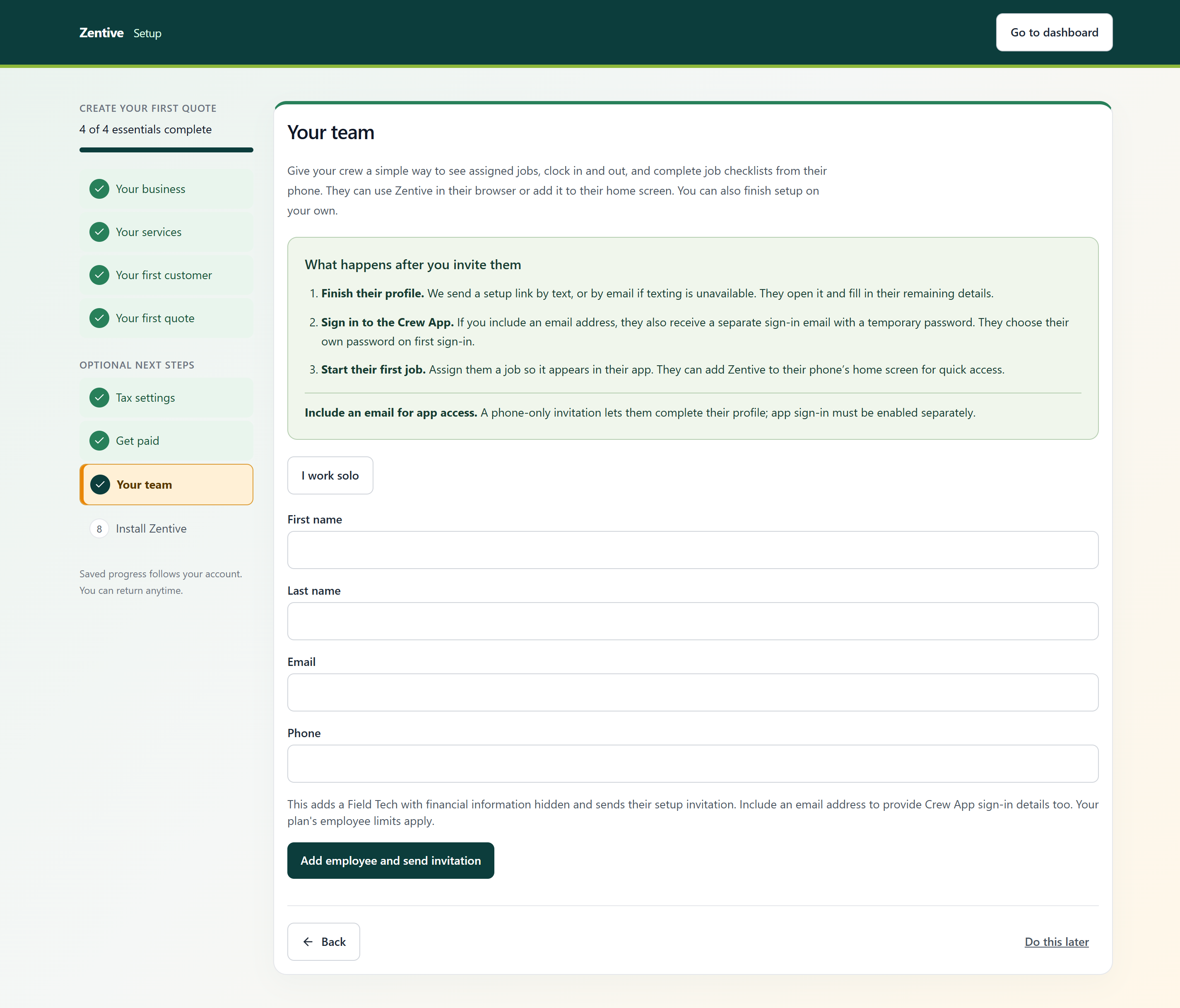 Setup guide Your team step with an explanation of what happens after you invite someone, fields for first name, last name, email, and phone, and an Add employee and send invitation button.