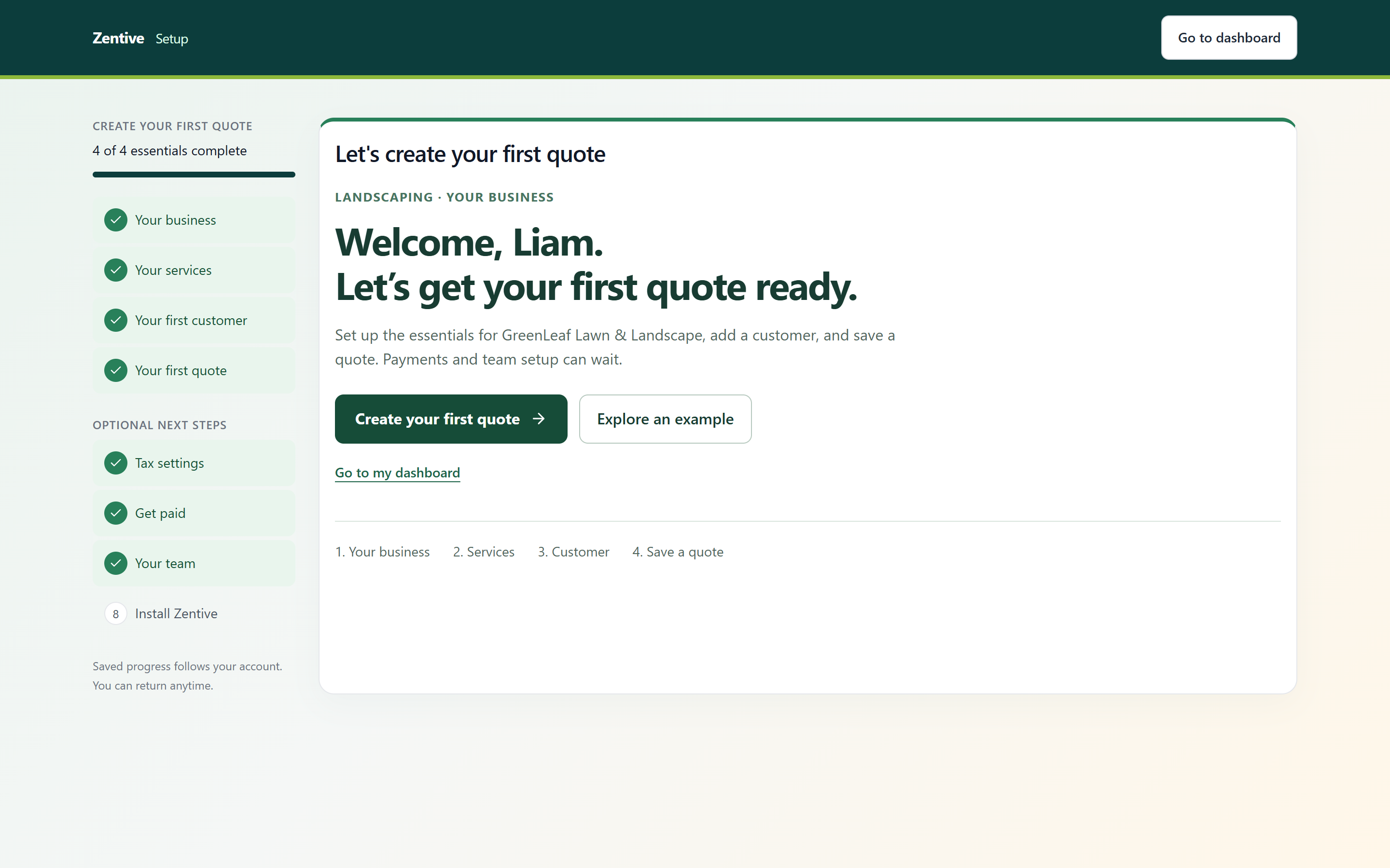 Zentive setup guide welcome screen with the four essentials and four optional steps listed on the left, a Welcome heading, and Create your first quote and Explore an example buttons.