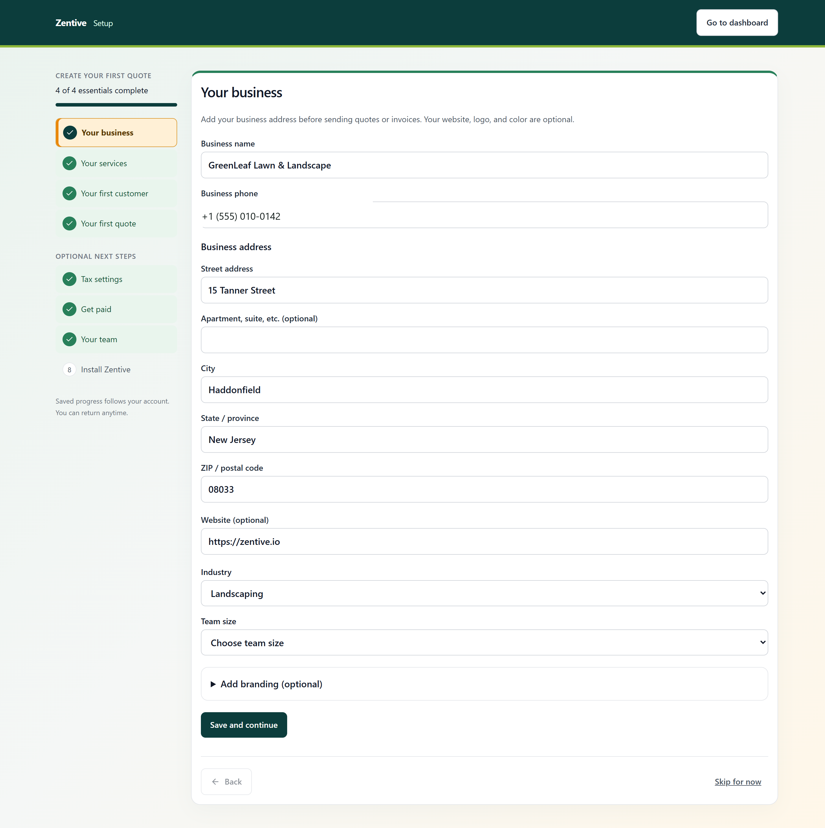 Setup guide Your business step with fields for business name, phone, street address, city, state, ZIP, website, industry, and team size, a collapsed Add branding section, and a Save and continue button.