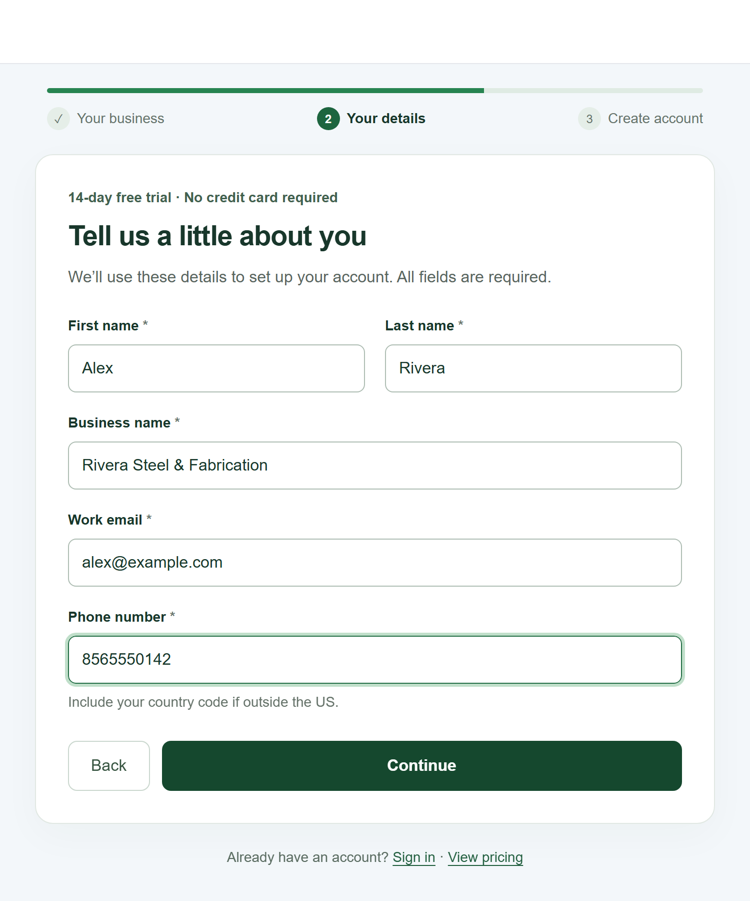 Zentive signup step 2 with the heading Tell us a little about you, fields for first name, last name, business name, work email, and phone number, and Back and Continue buttons.