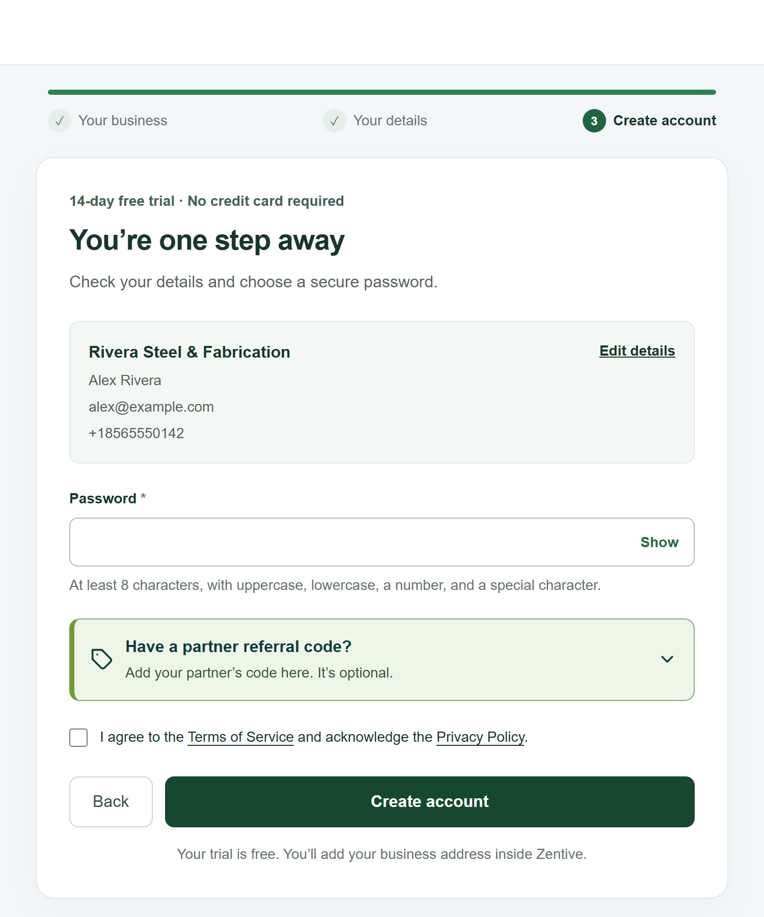 Zentive signup step 3 with the heading You're one step away, a summary card with an Edit details link, a password field, a collapsed Have a partner referral code section, a terms checkbox, and a Create account button.