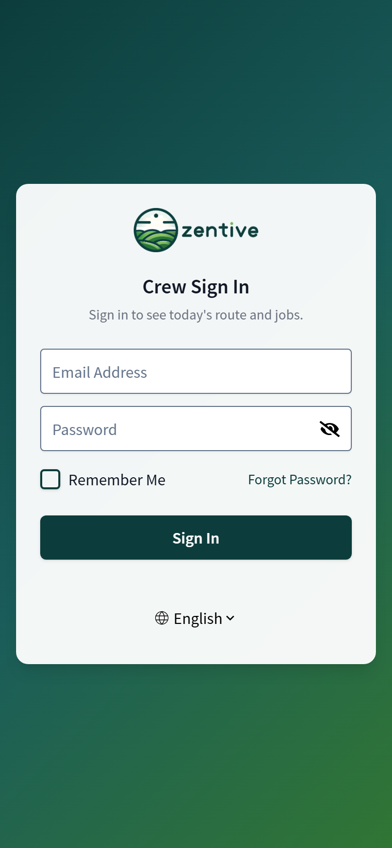 Crew Sign In screen on a phone with email, password, Remember Me, Forgot Password, Sign In, and the language switch.
