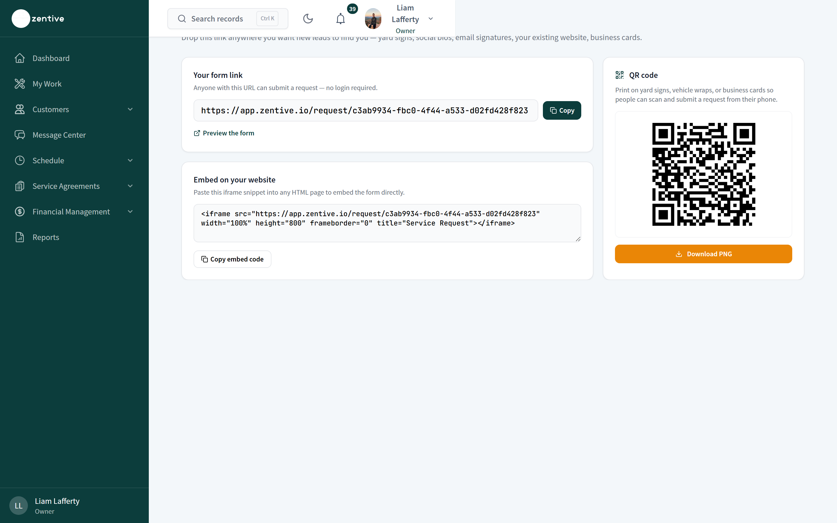Share Your Lead Form page with the form link, embed snippet, and QR code download.