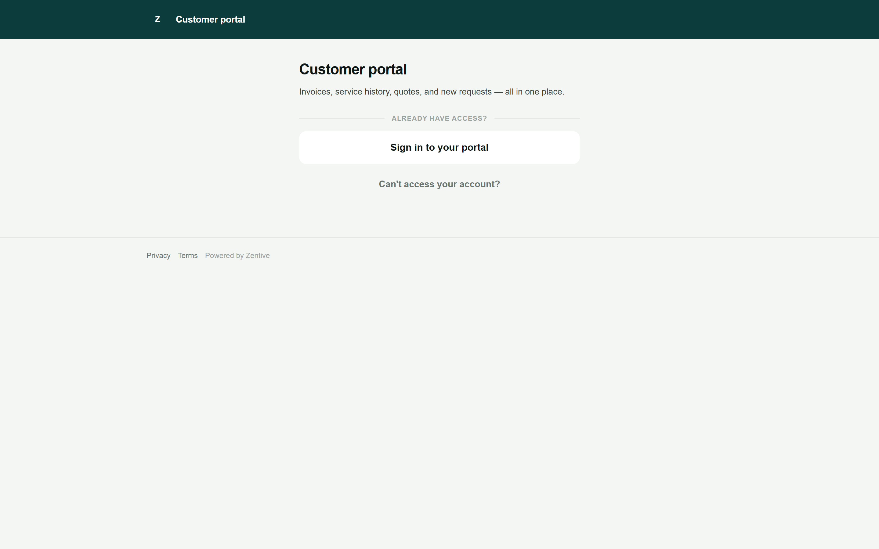 Customer portal access page with Sign in to your portal and Can't access your account? options.