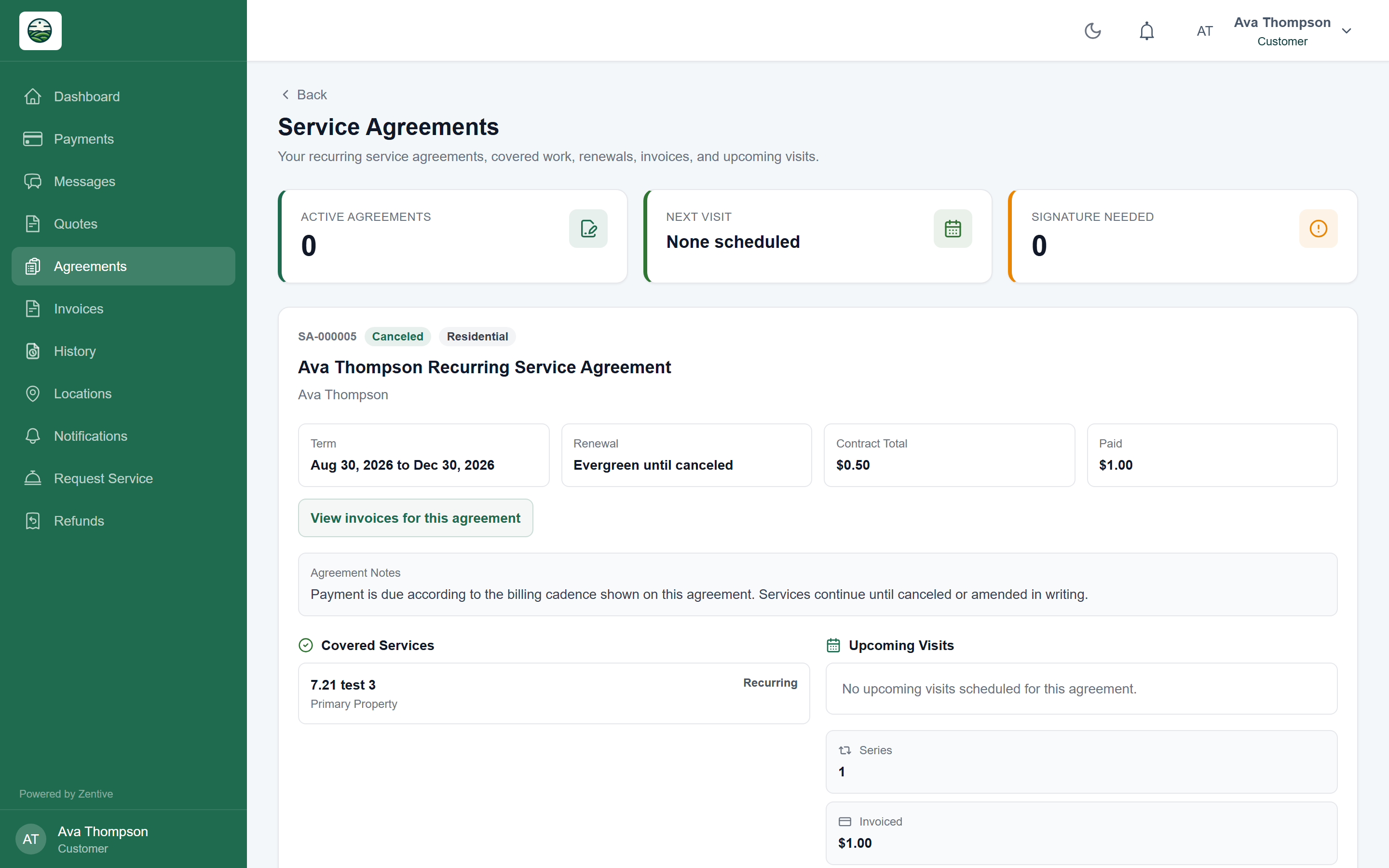 Portal Service Agreements page showing an agreement with its term, renewal, contract total, covered services, and View invoices for this agreement.