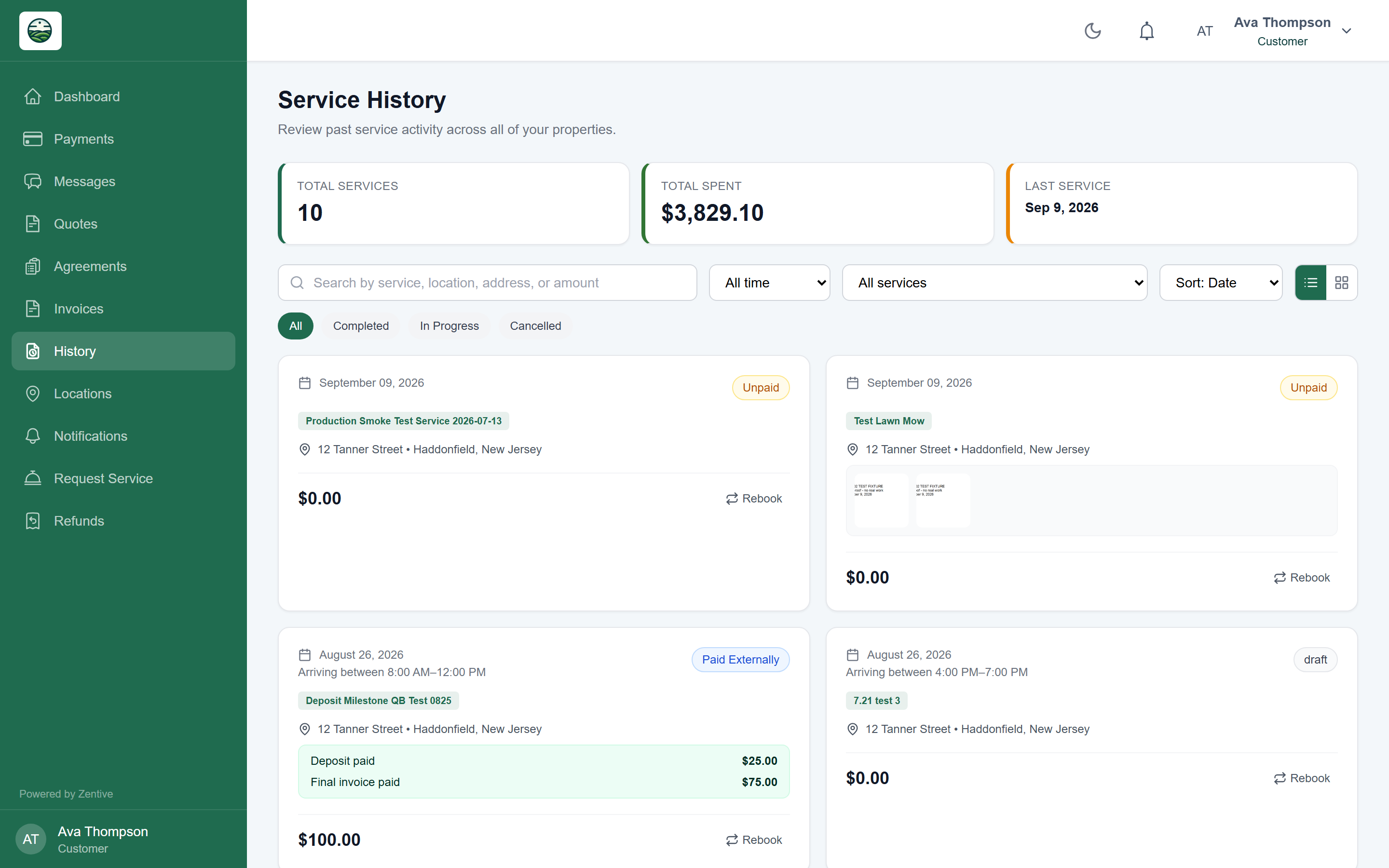 Portal Service History with total services, total spent, last service, filters, and visit cards with photos, payment status, and Rebook.