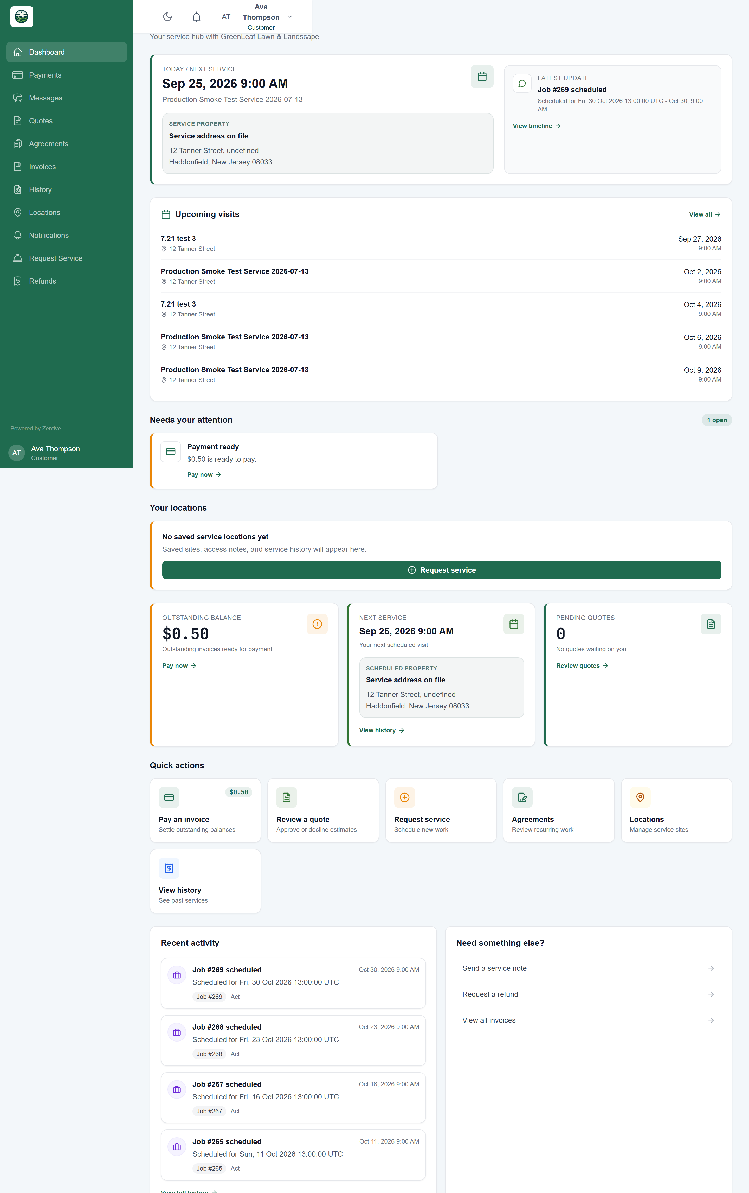 Customer portal home for Ava Thompson: next service, upcoming visits, Needs your attention, outstanding balance, quick actions, and recent activity.