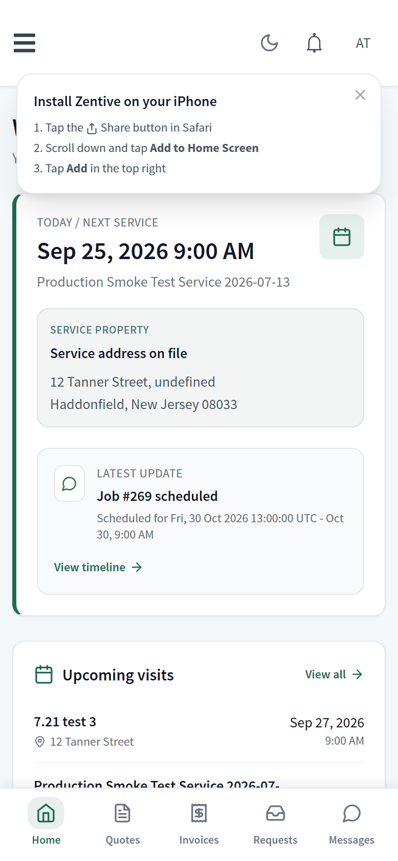 Customer portal home on a phone with the Home, Quotes, Invoices, Requests, and Messages bottom bar.