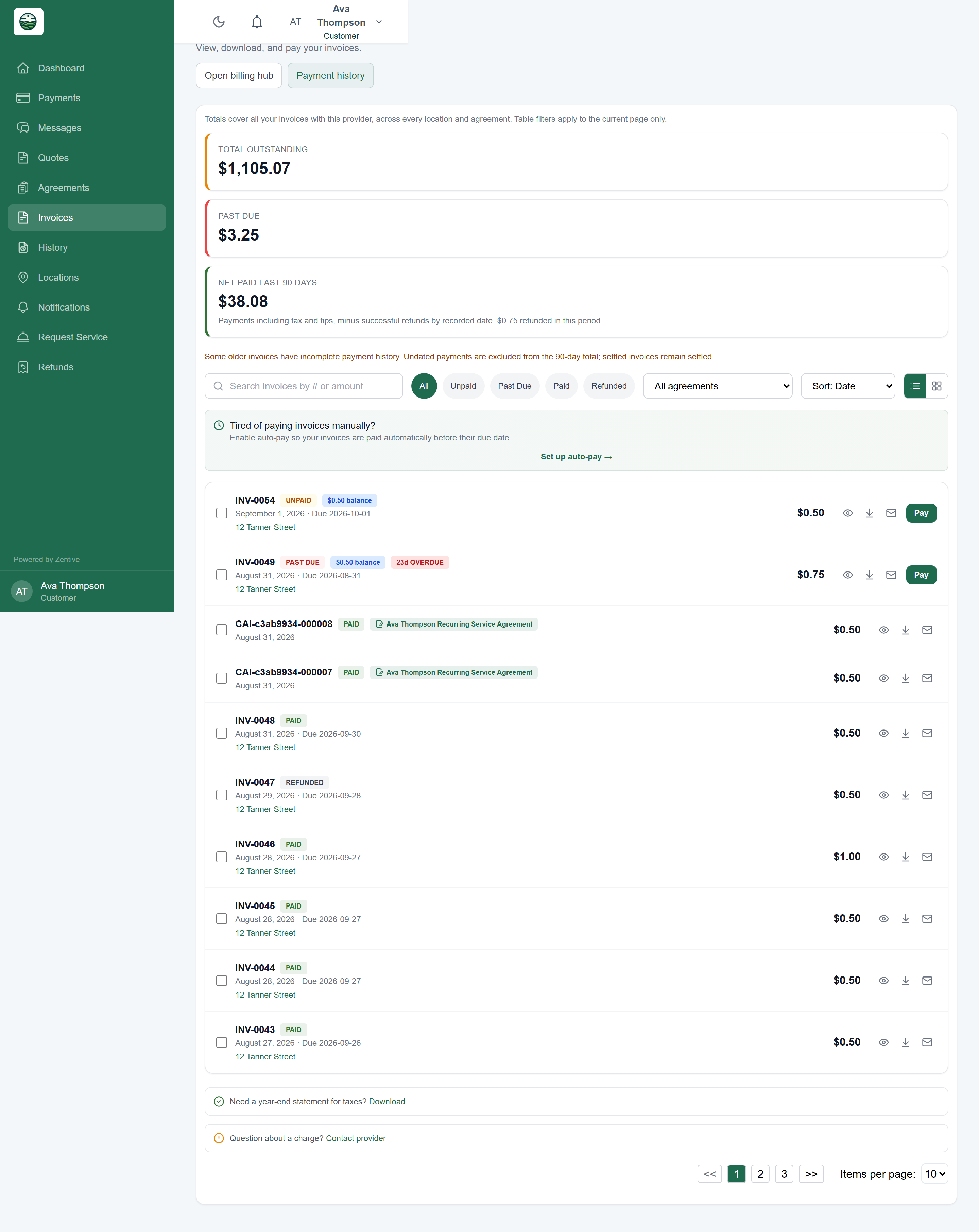 Portal Invoices page with outstanding, past due, and net paid totals, filters (All, Unpaid, Past Due, Paid, Refunded), and invoice rows with view, download, email, and Pay actions.