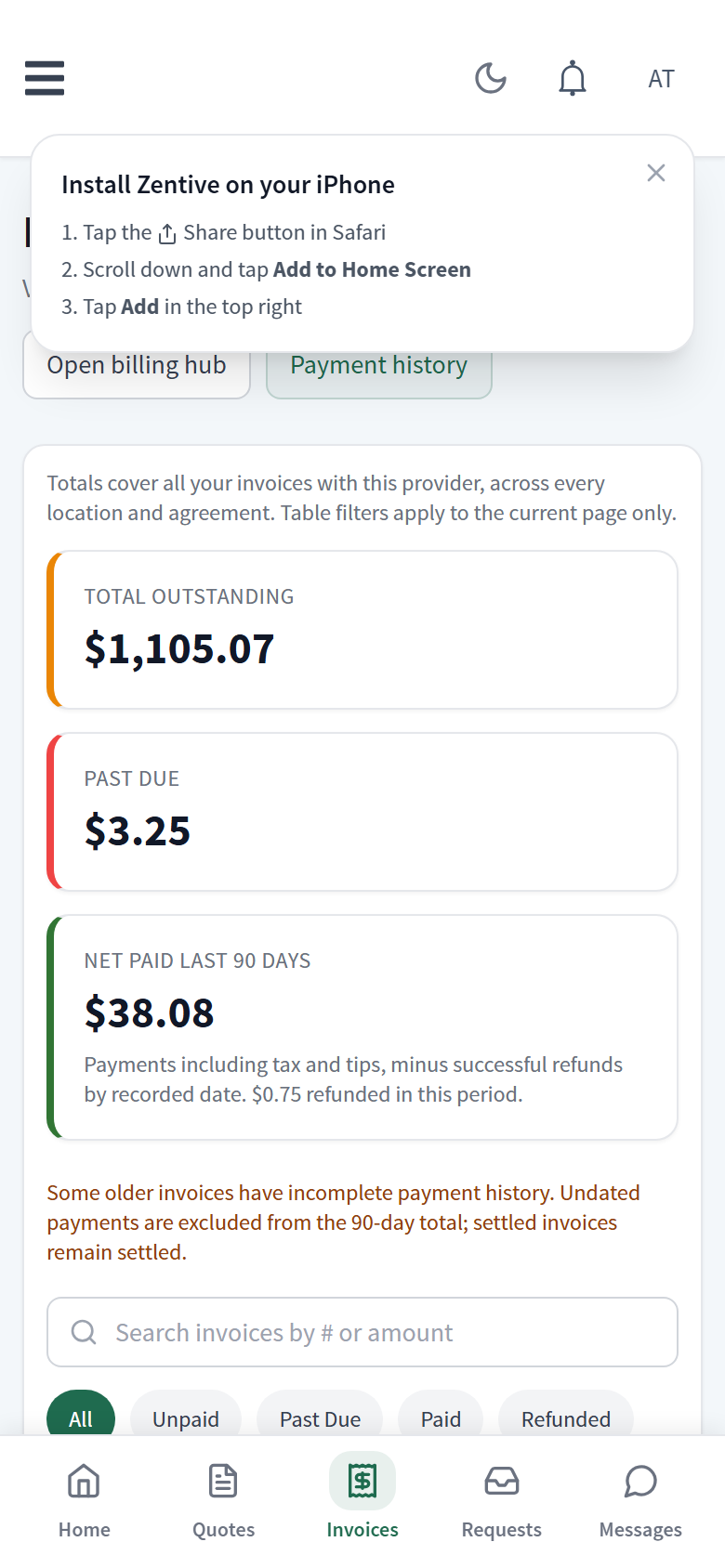 Portal Invoices page on a phone with Pay buttons on unpaid invoices.