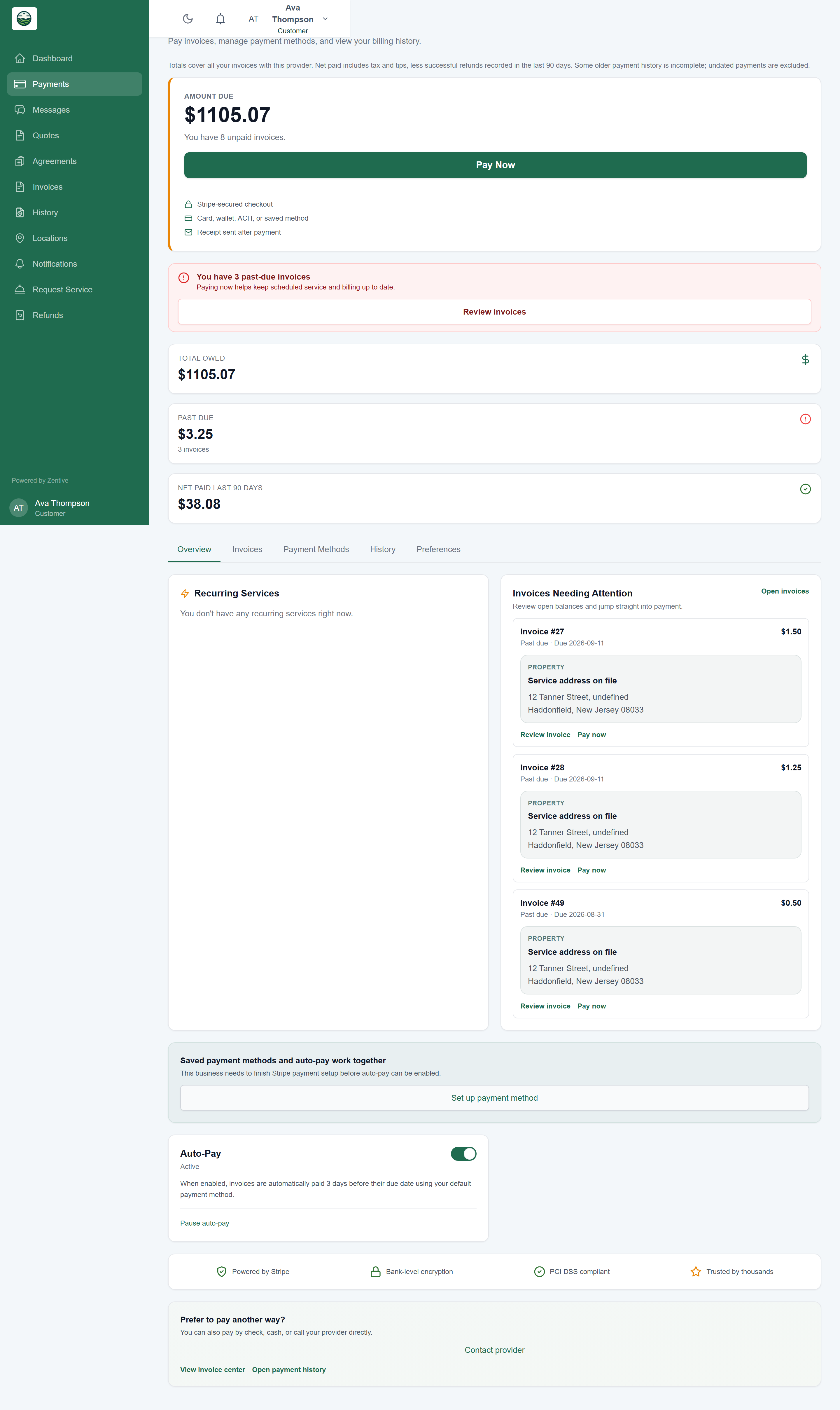 Portal Payments page with Amount due and Pay Now, past-due notice, totals, the Overview/Invoices/Payment Methods/History/Preferences tabs, the Set up payment method banner, and the Auto-Pay switch.