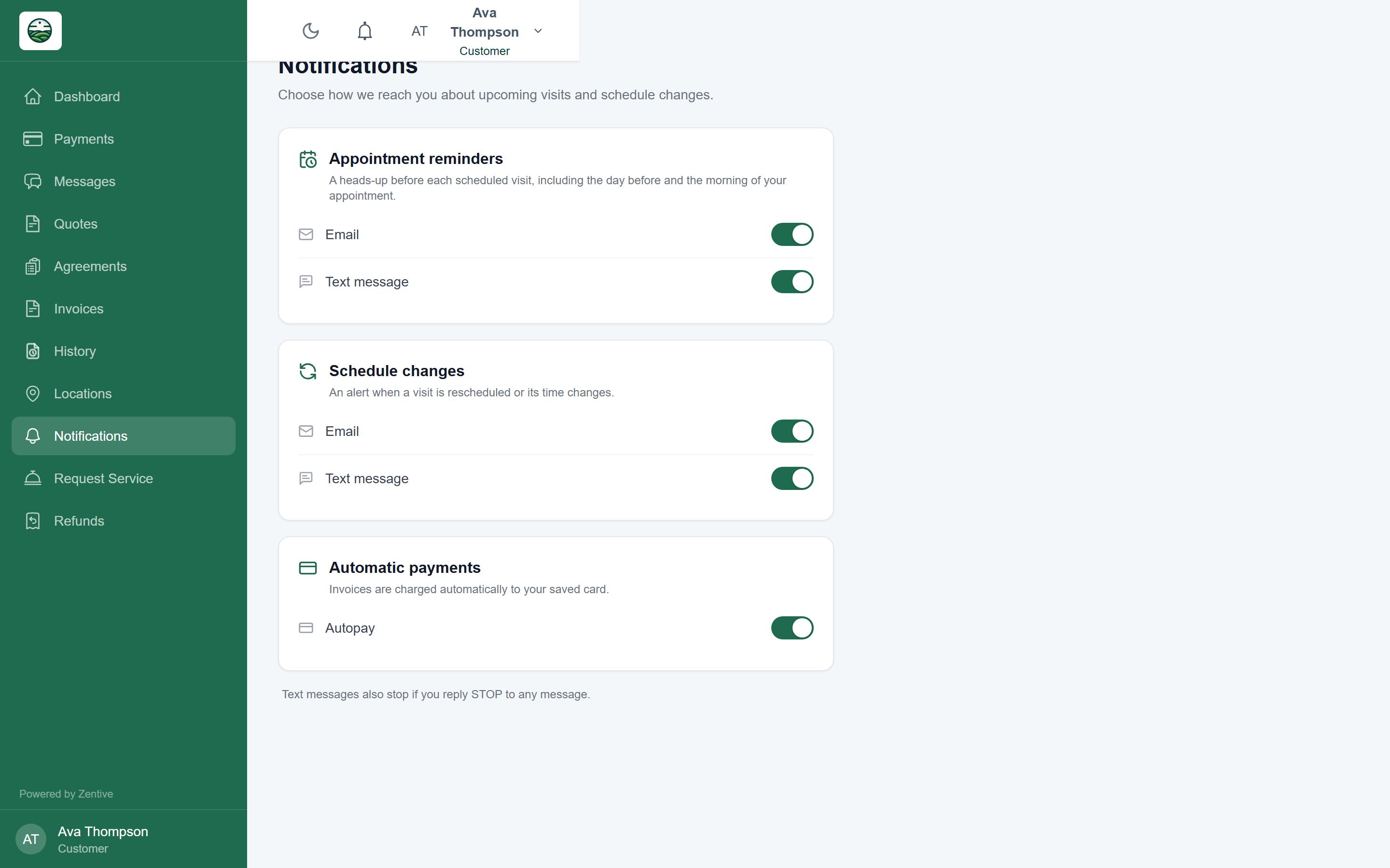 Portal Notifications page with Email and Text message switches for appointment reminders and schedule changes, and the Autopay switch.