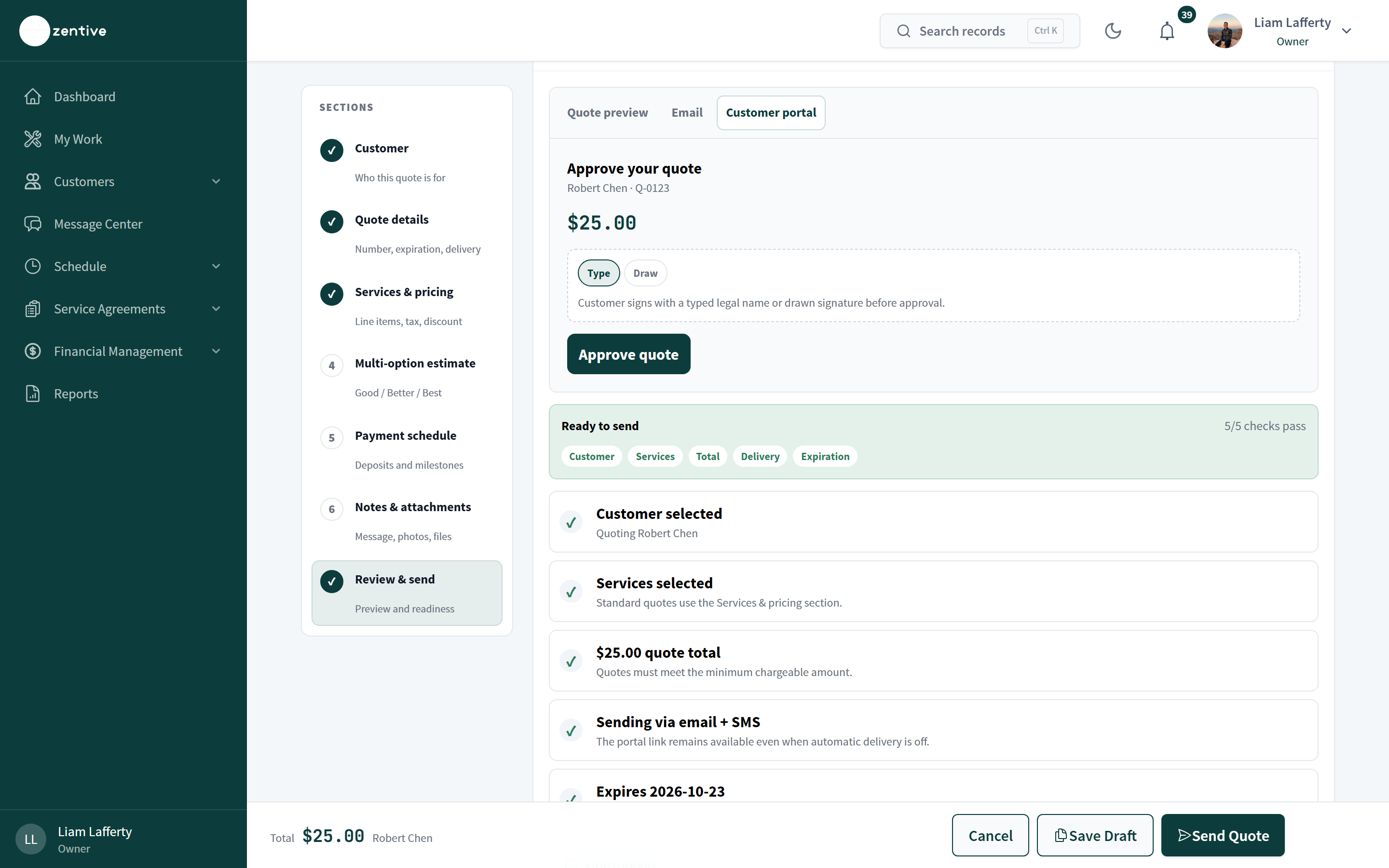 The Approve your quote page as the customer sees it, with the total, Type or Draw signature choice, and the Approve quote button.
