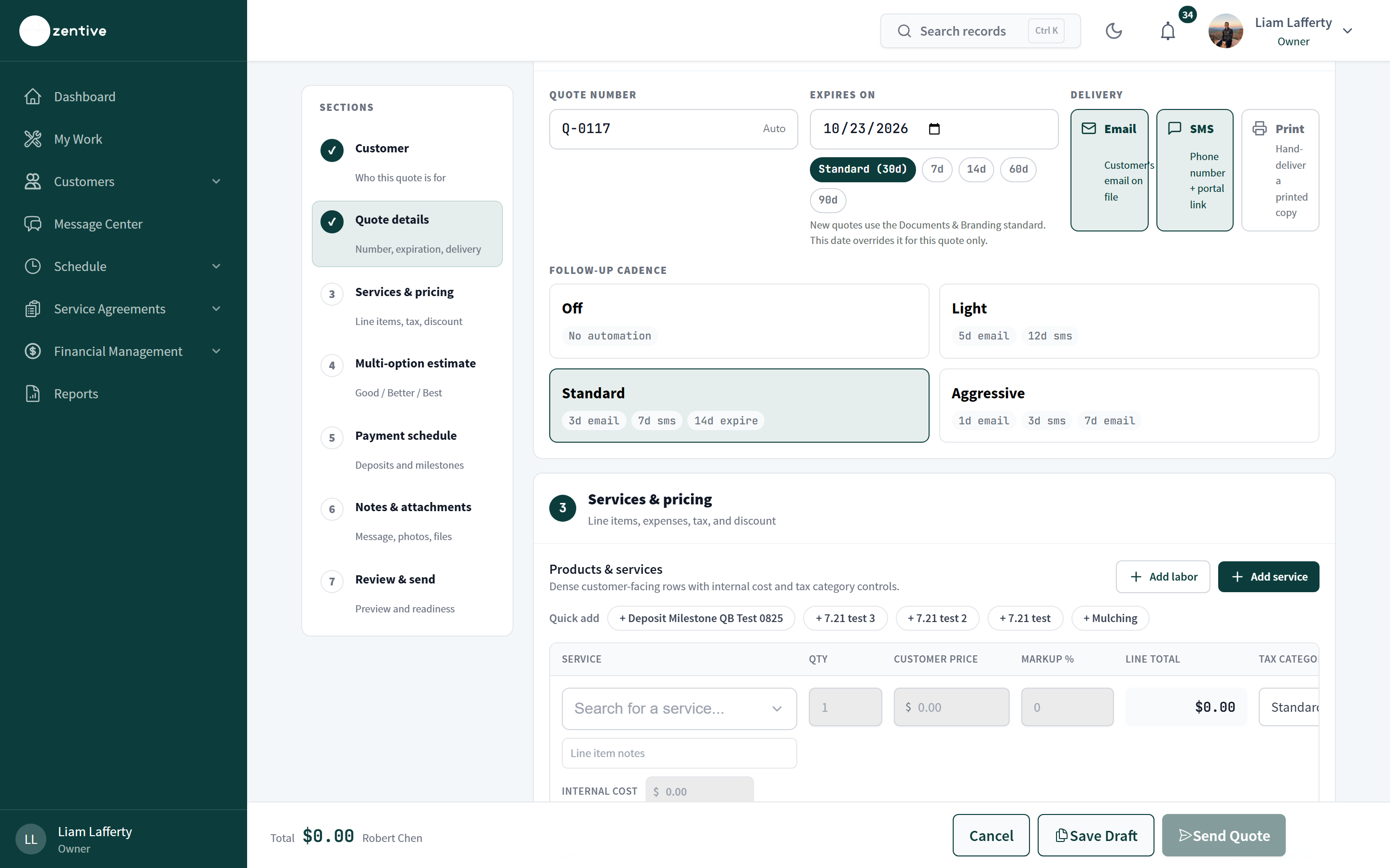 Quote details section with the quote number, expiry presets, Email/SMS/Print delivery buttons, and Off/Light/Standard/Aggressive follow-up cadence.