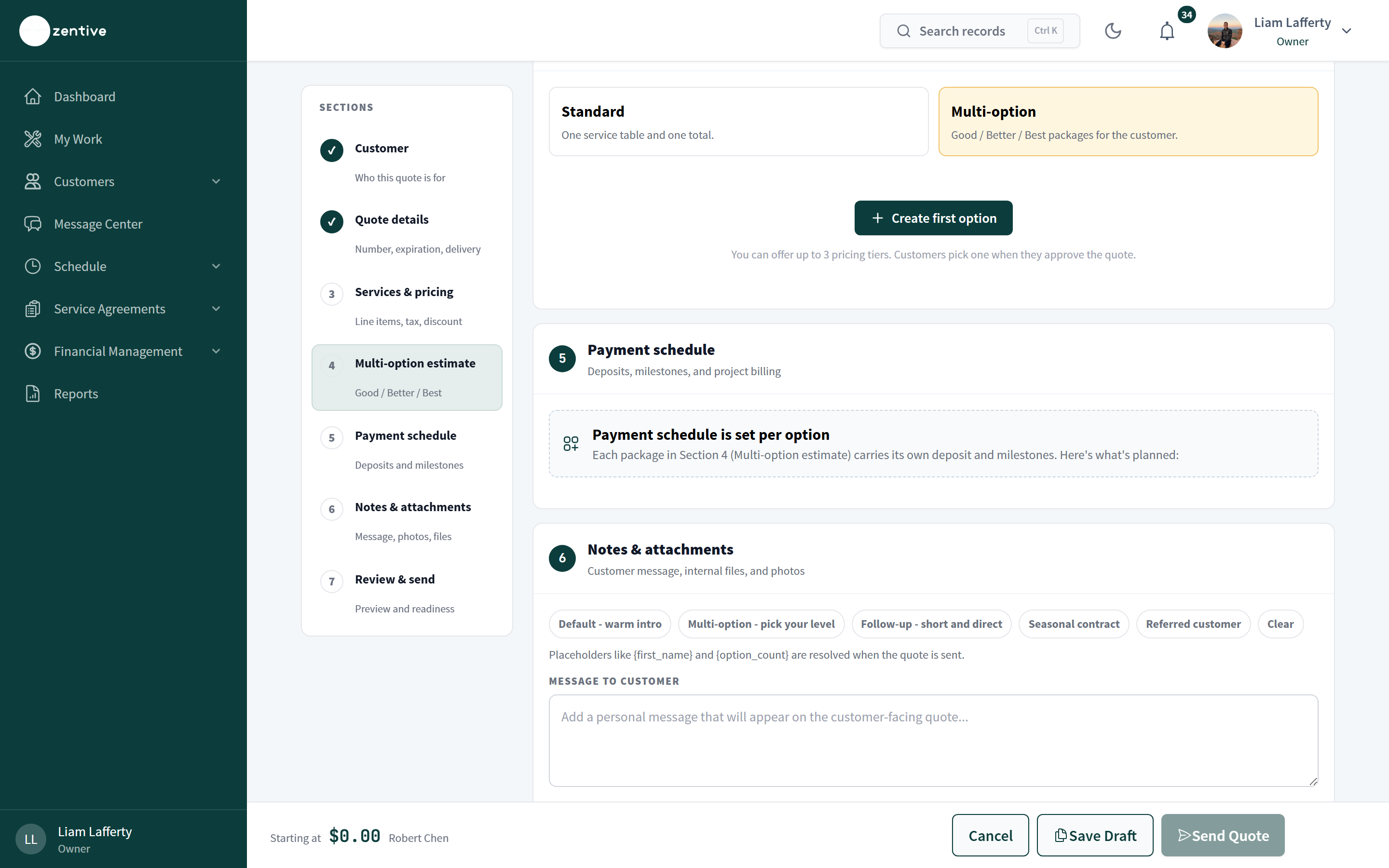 Multi-option estimate section switched on with a Create first option button and the Payment schedule section noting that the schedule is set per option.