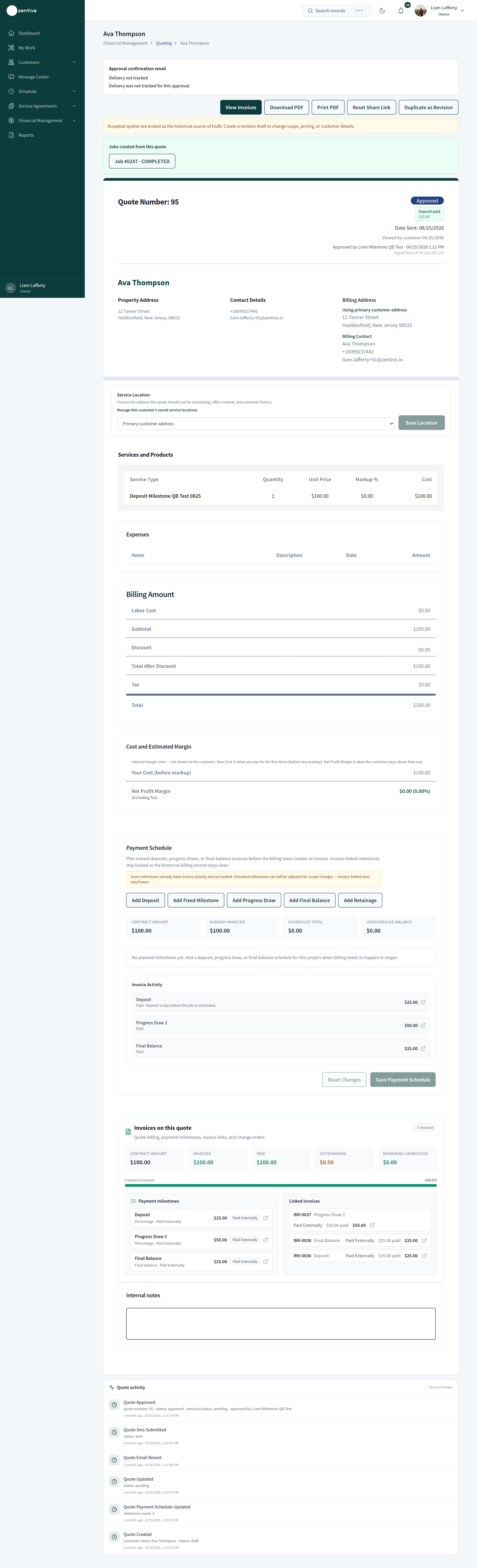 Accepted quote page showing View Invoices, Download PDF, Print PDF, Reset Share Link, and Duplicate as Revision, the locked-quote notice, the job created from the quote, approval details, payment schedule, invoices on this quote, and quote activity.