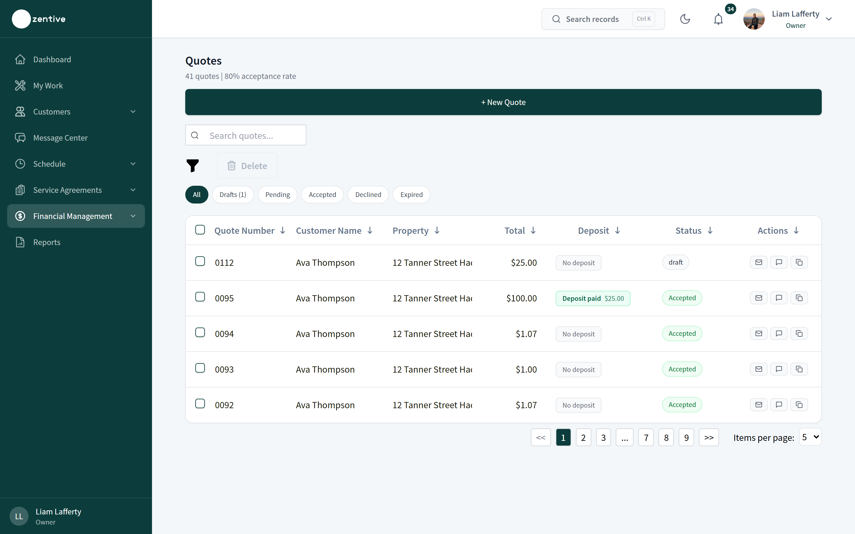 Quotes list with status filters, search, and rows showing quote number, customer, property, total, deposit, status, and resend/duplicate actions.
