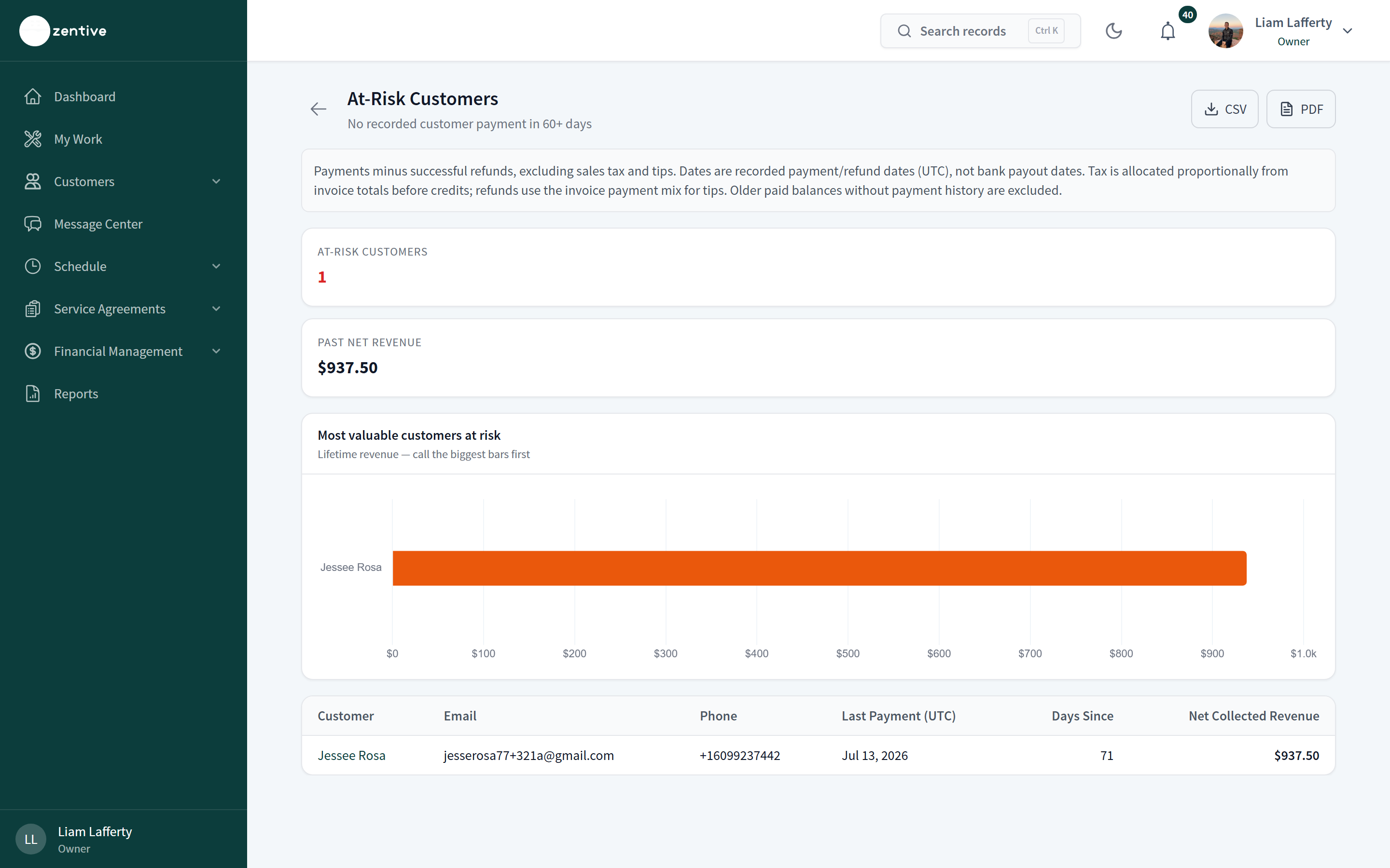 At-Risk Customers report listing customers with no recent service.