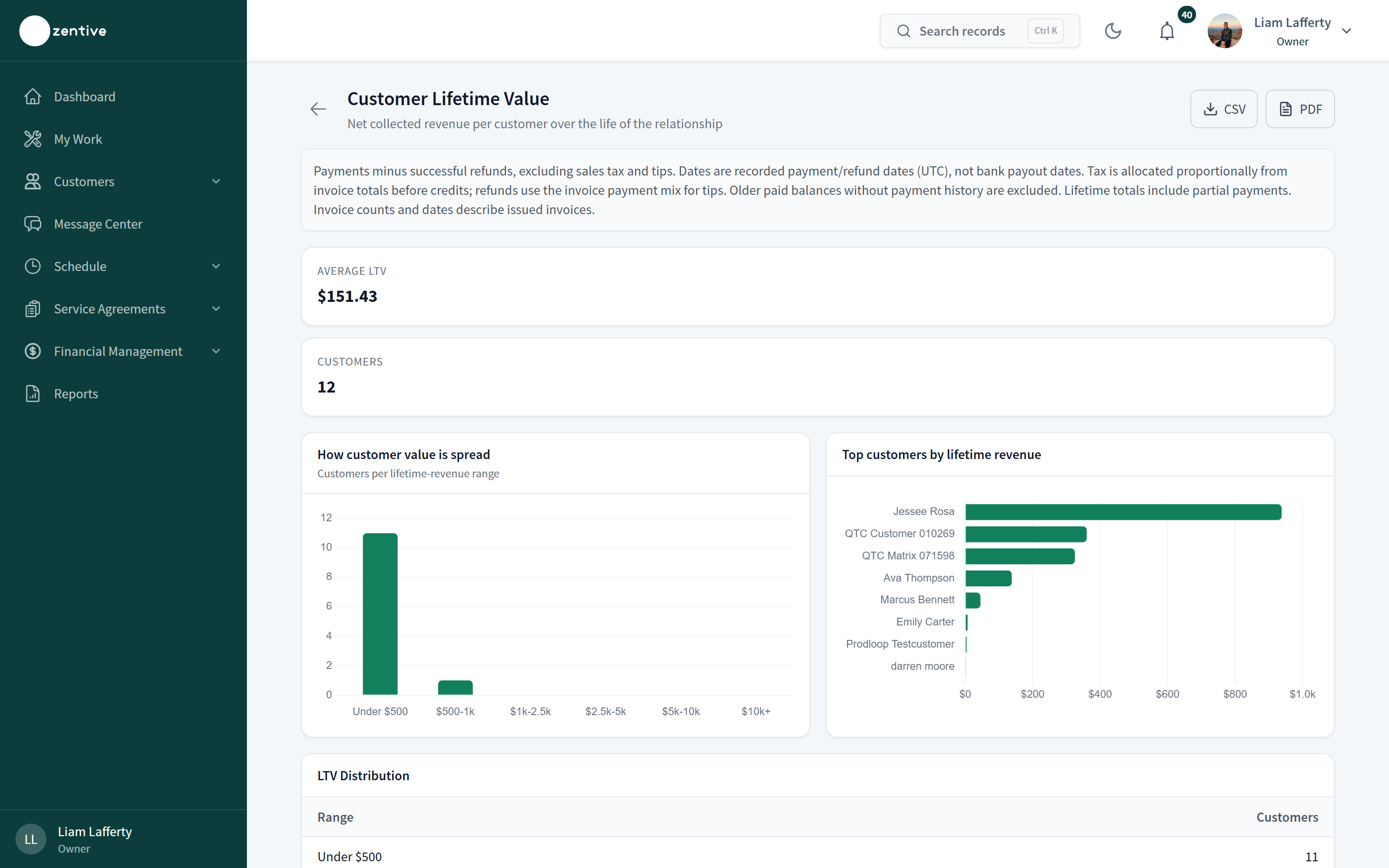 Customer Lifetime Value report with average LTV, distribution chart, and top customers by lifetime revenue.