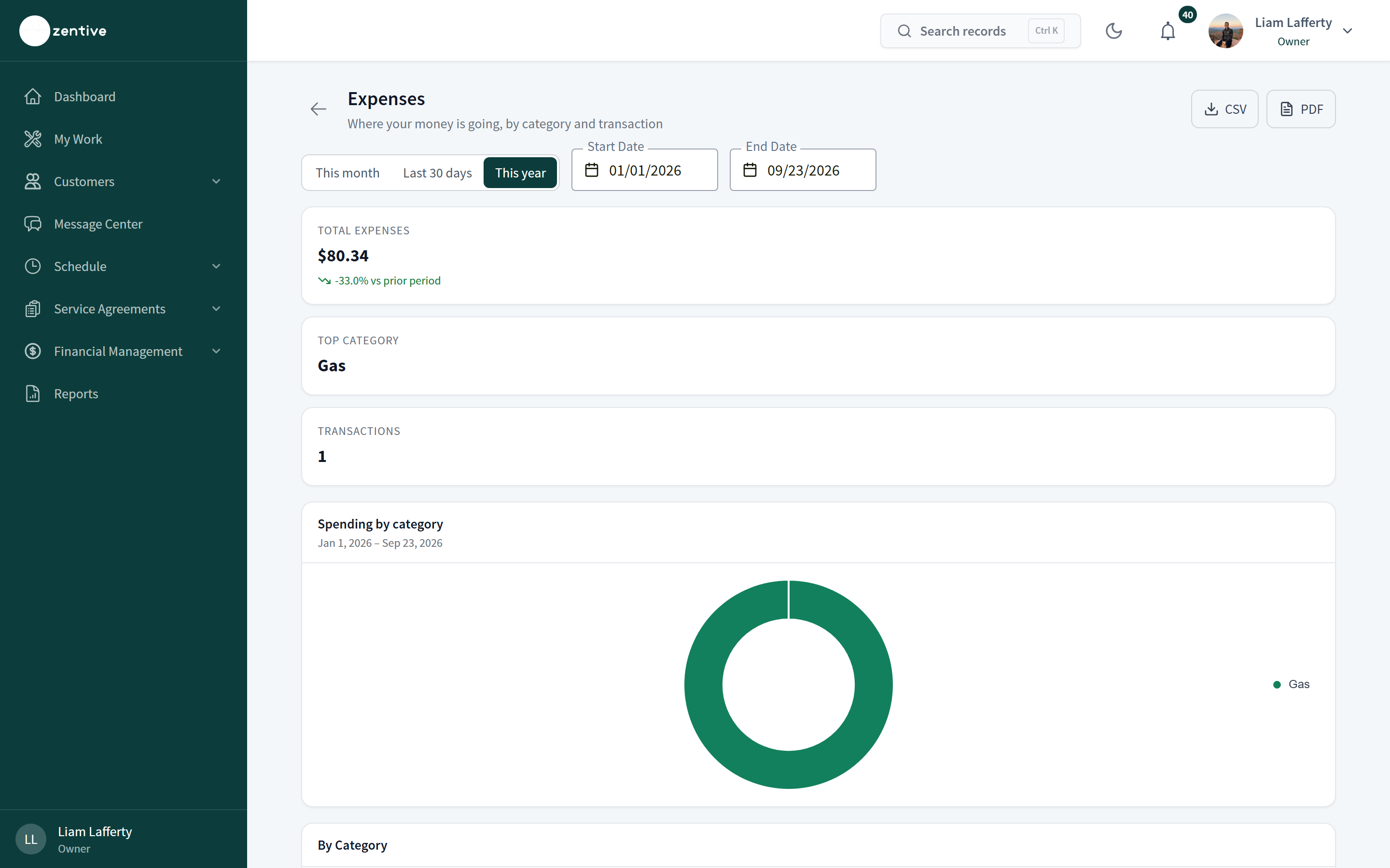 Expenses report with totals by category.