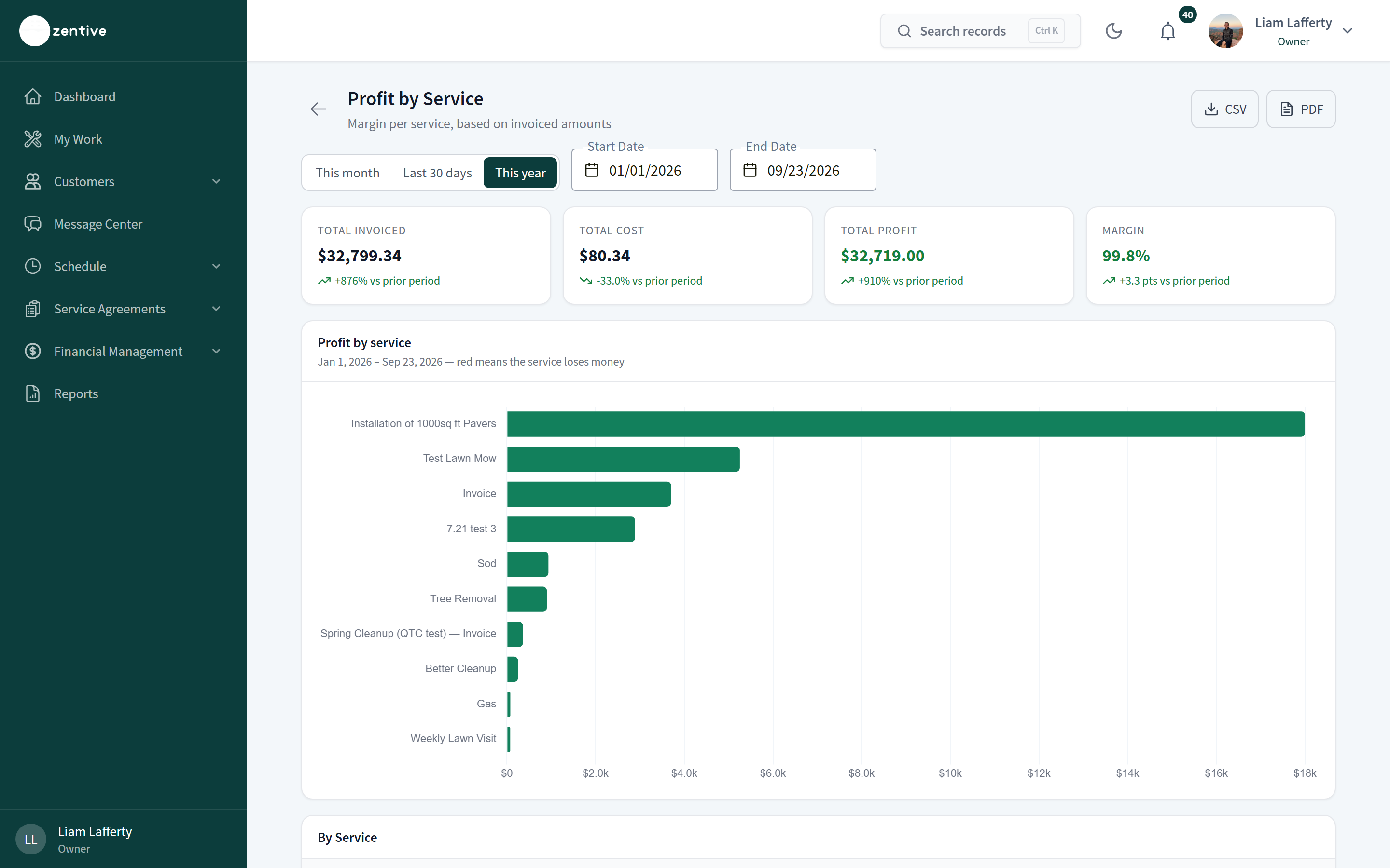 Profit by Service report ranking services by margin.