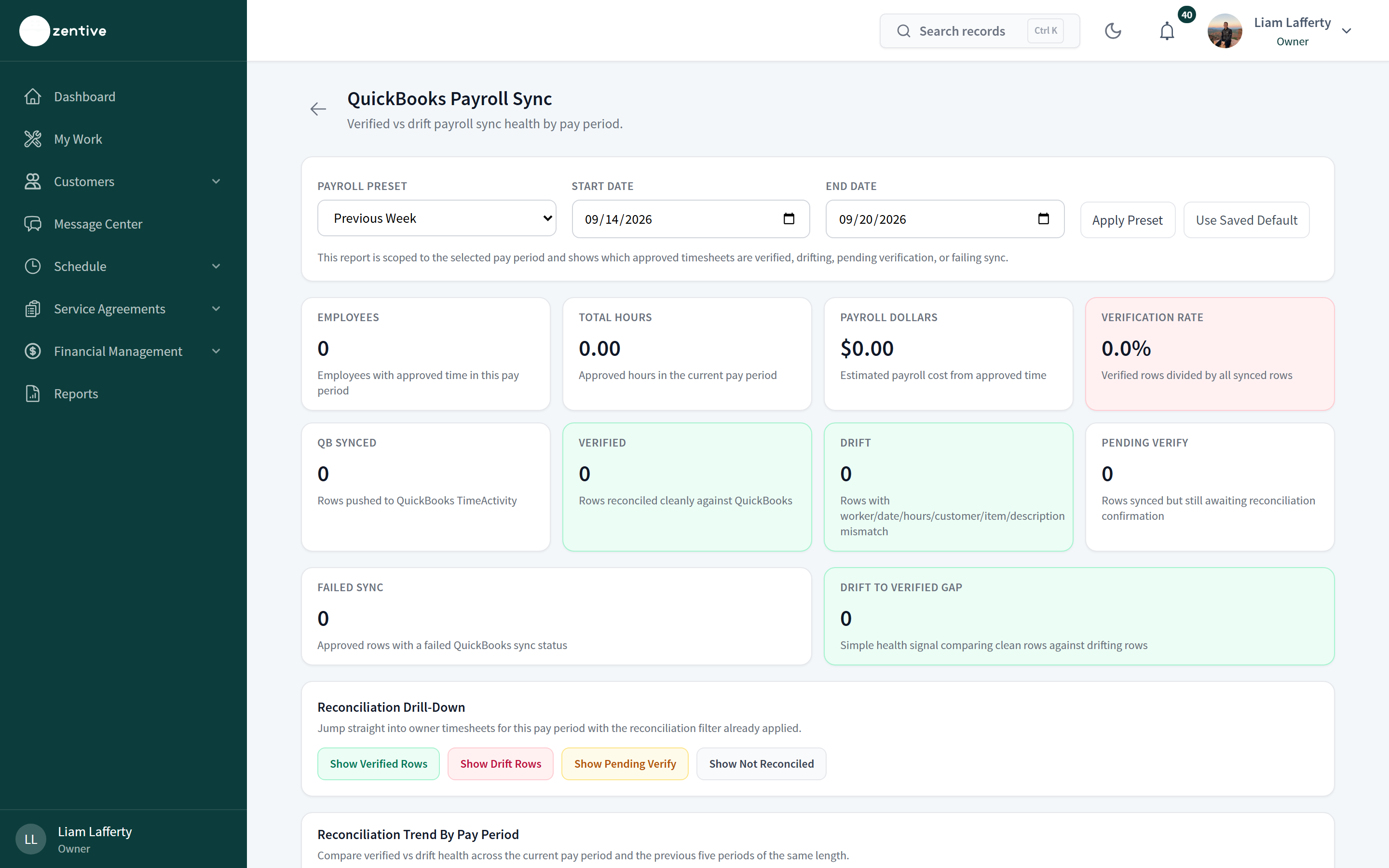 QuickBooks Payroll Sync report with sync status by pay period.