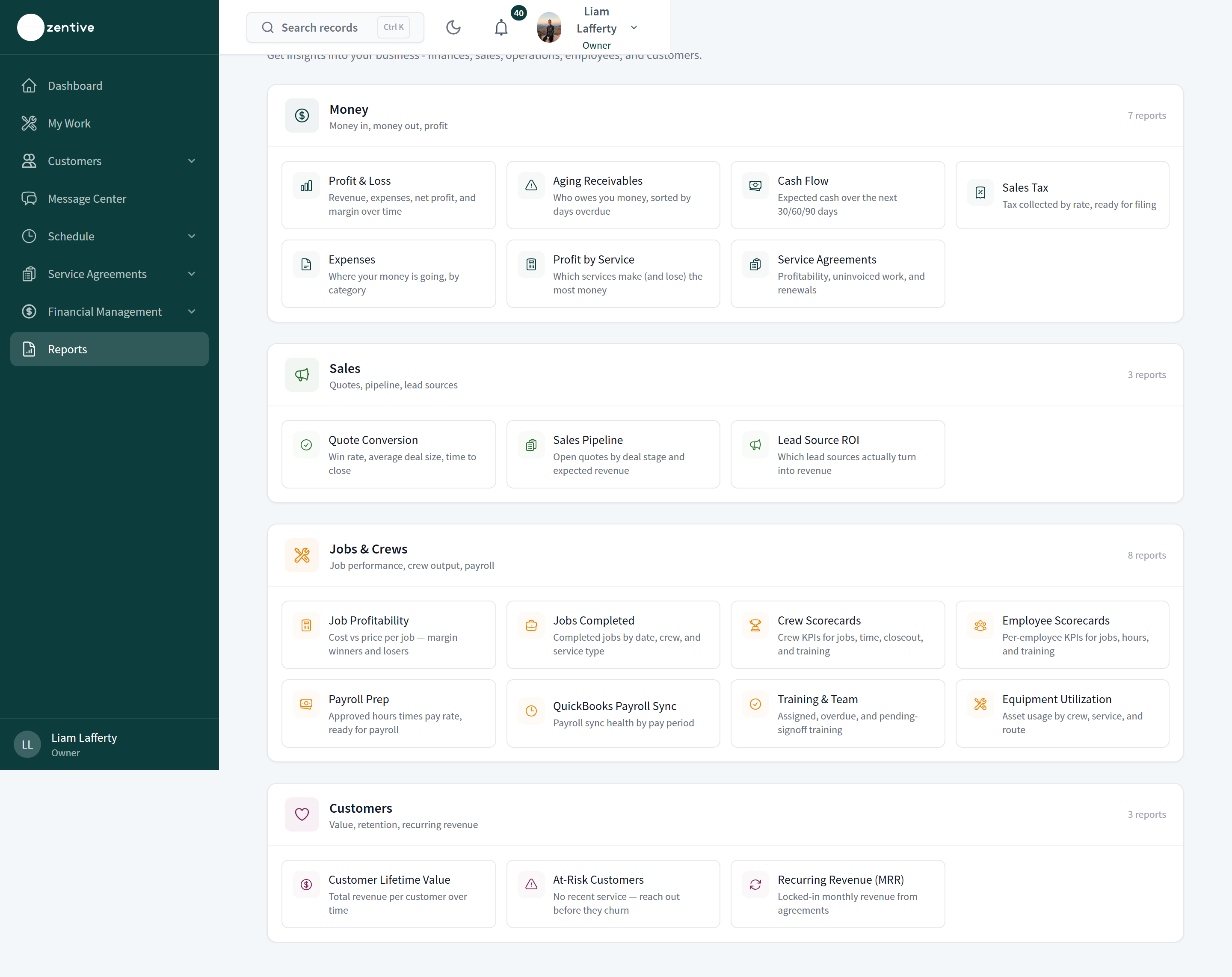Reports hub with Money, Sales, Jobs & Crews, and Customers sections and a card per report.