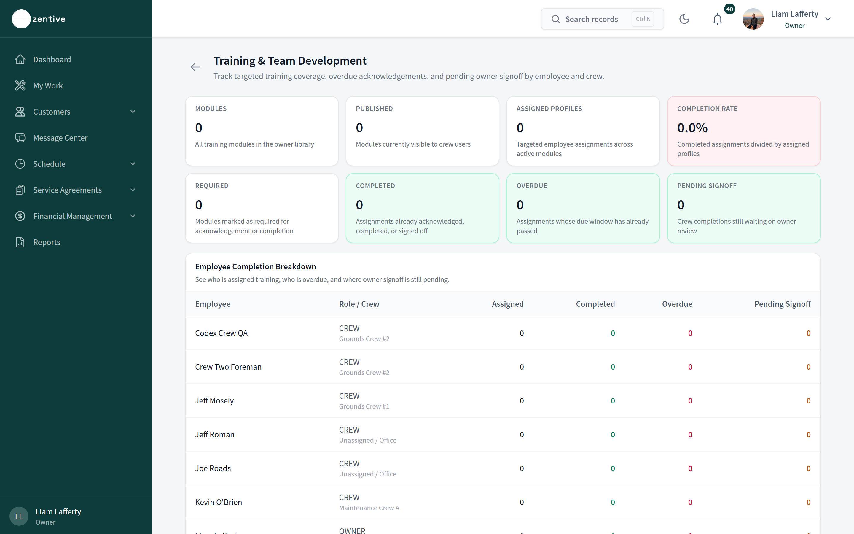 Training & Team report with completion and signoff counts.