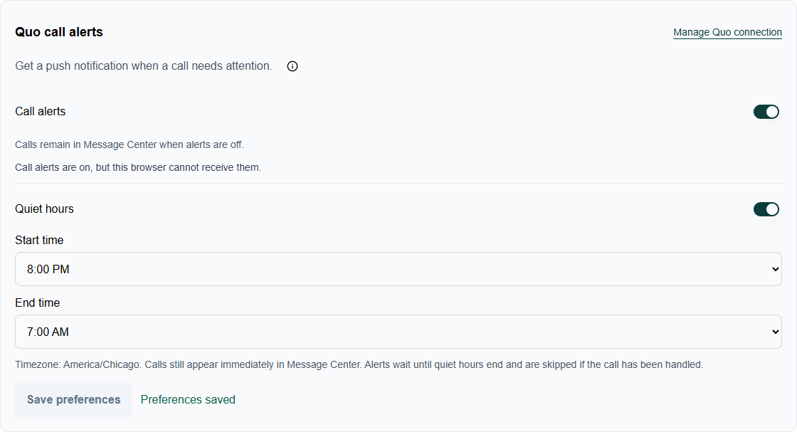 Call alerts and Quiet hours switches with the business timezone and Save preferences button