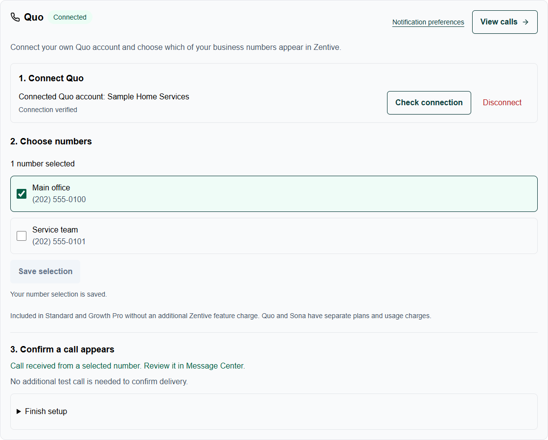 Quo settings showing a connected example workspace, selectable business numbers and the Save selection button